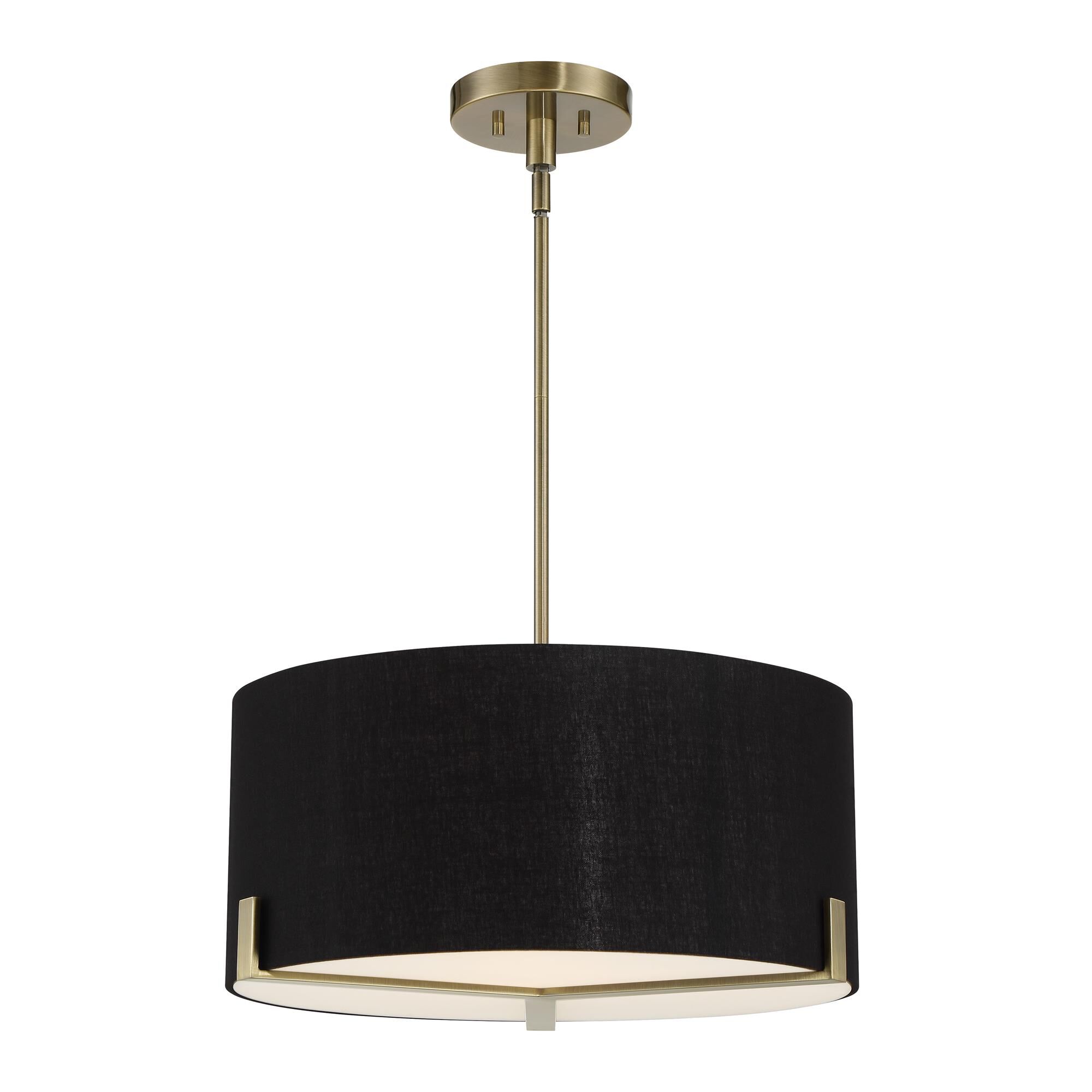 Shown in Weathered Antique Brass finish and Black Linen shade