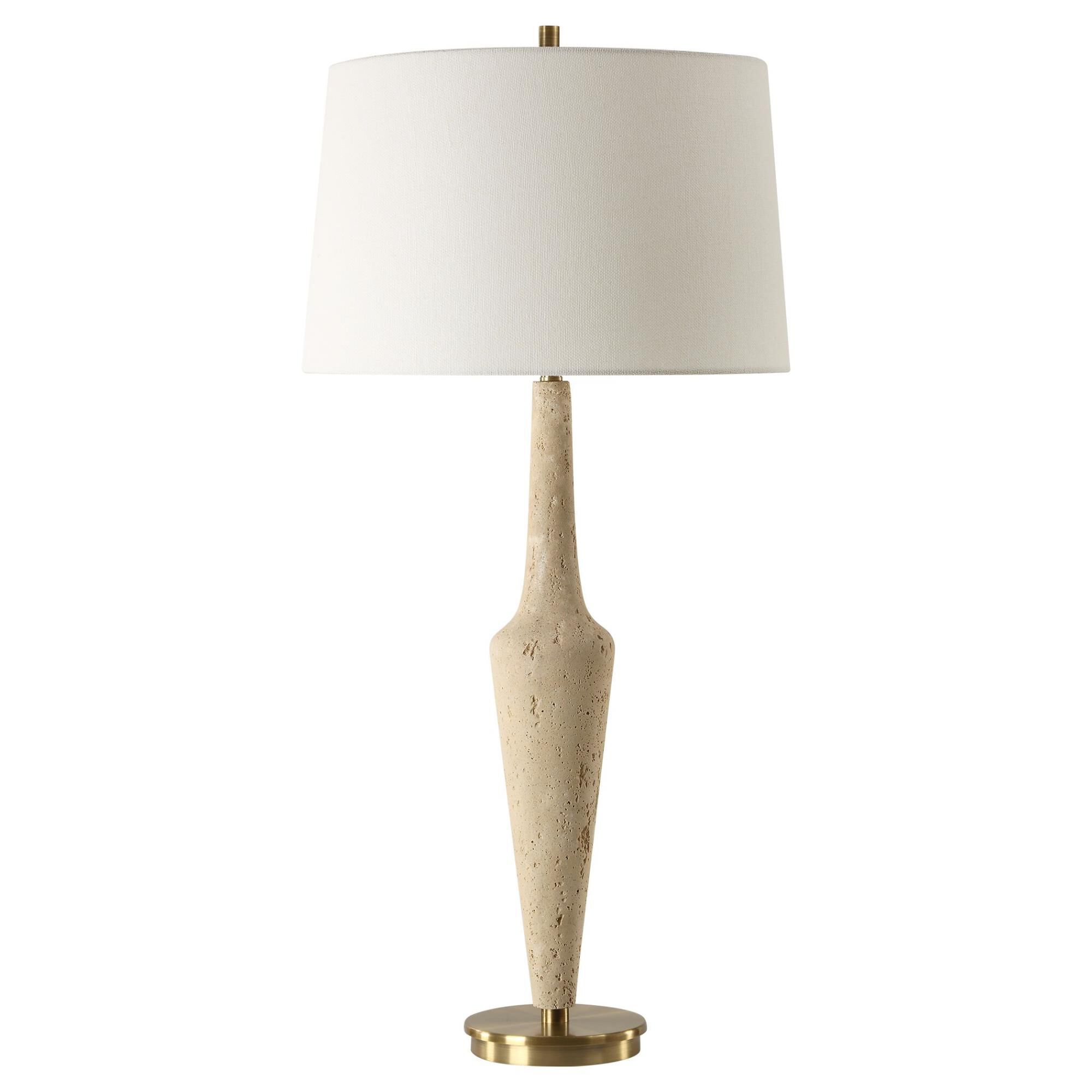 Shown in Crafted From Faux Travertine With Organic Texture, This Lamp Exudes Timeless Charm And Sophisticatio finish and Round Hardback shade