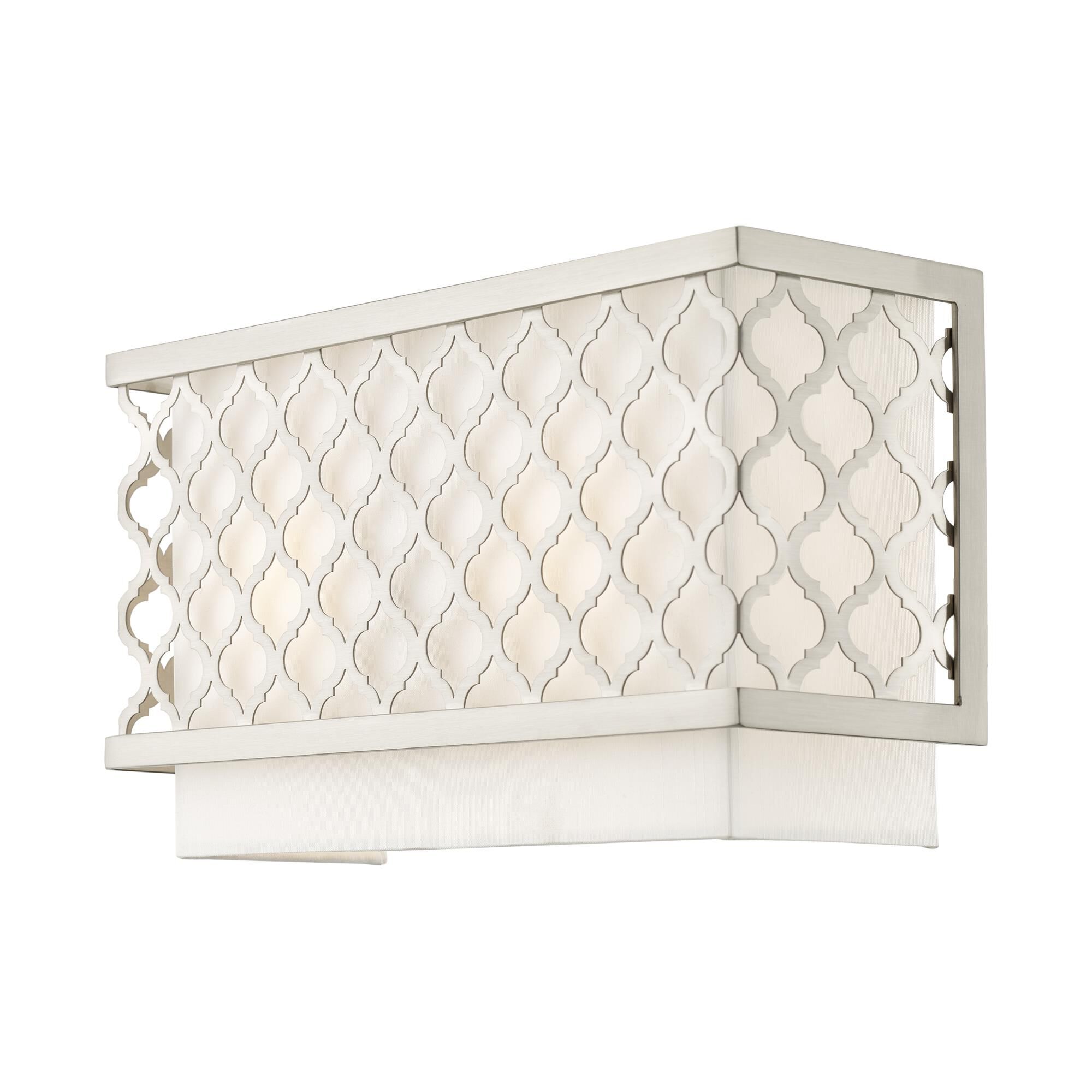 Shown in Brushed Nickel finish and Hand Crafted Off-White Fabric Outside & White Fabric Inside Hardback shade