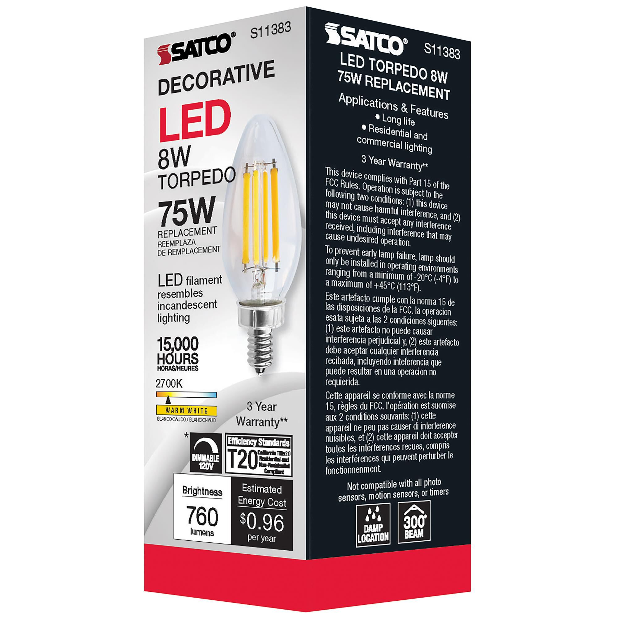 Dimmable 8 Watt 2700K C11 LED Light Bulb by Satco
