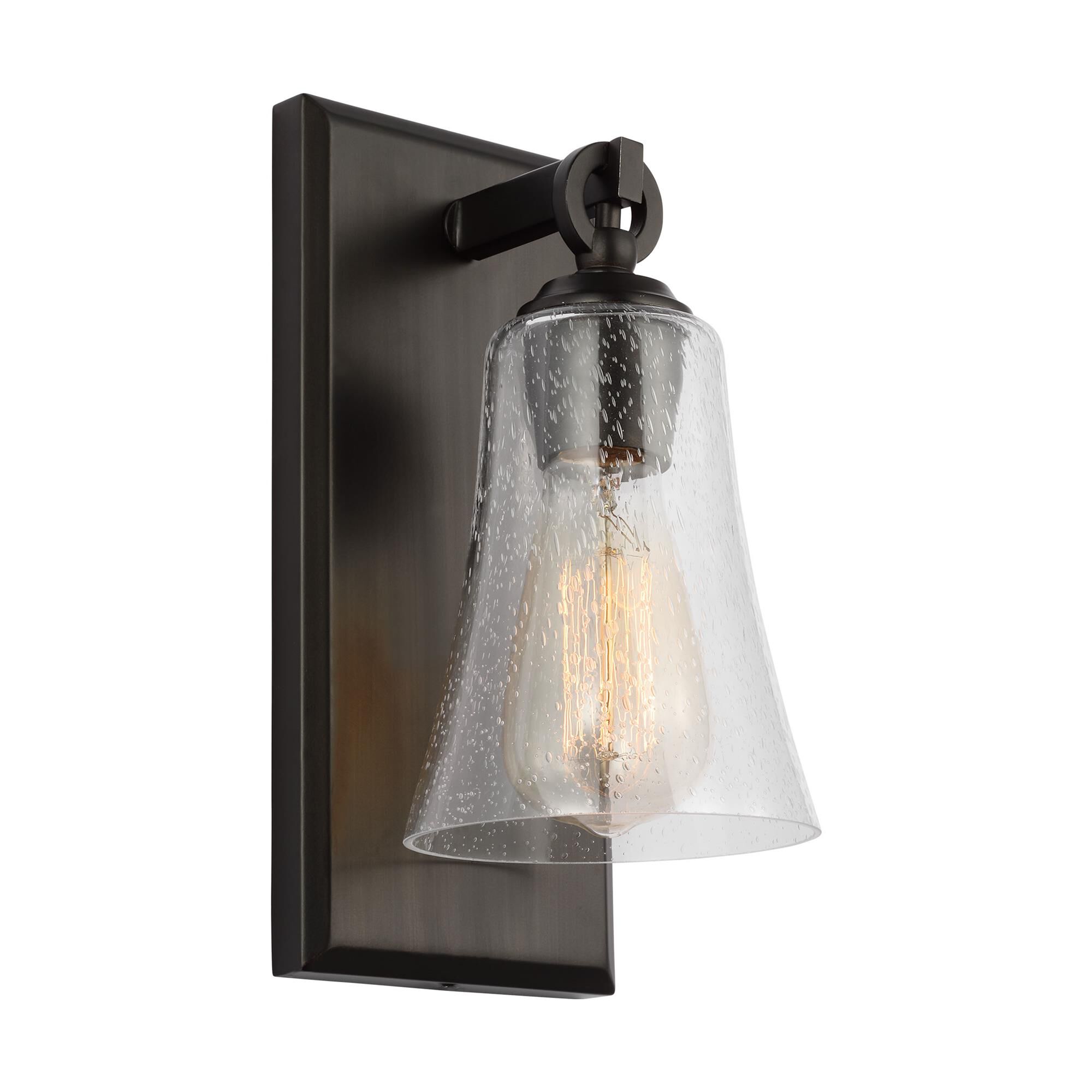 Shown in Aged Iron finish and Clear Seeded glass