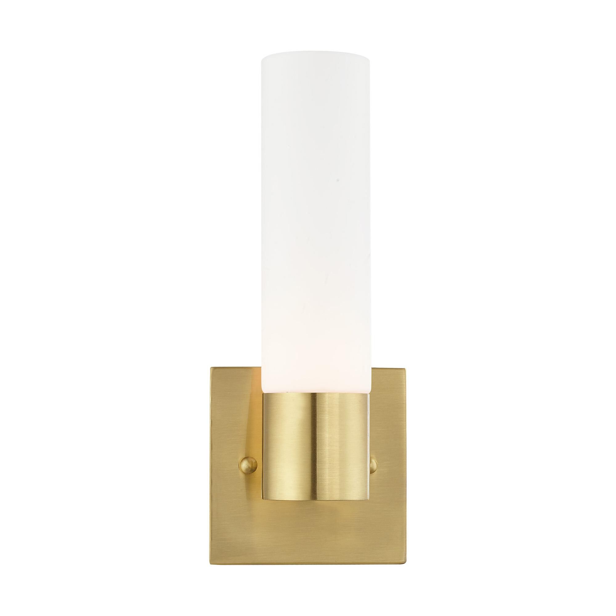 Shown in Satin Brass finish and Hand Blown Satin Opal White Twist Lock glass