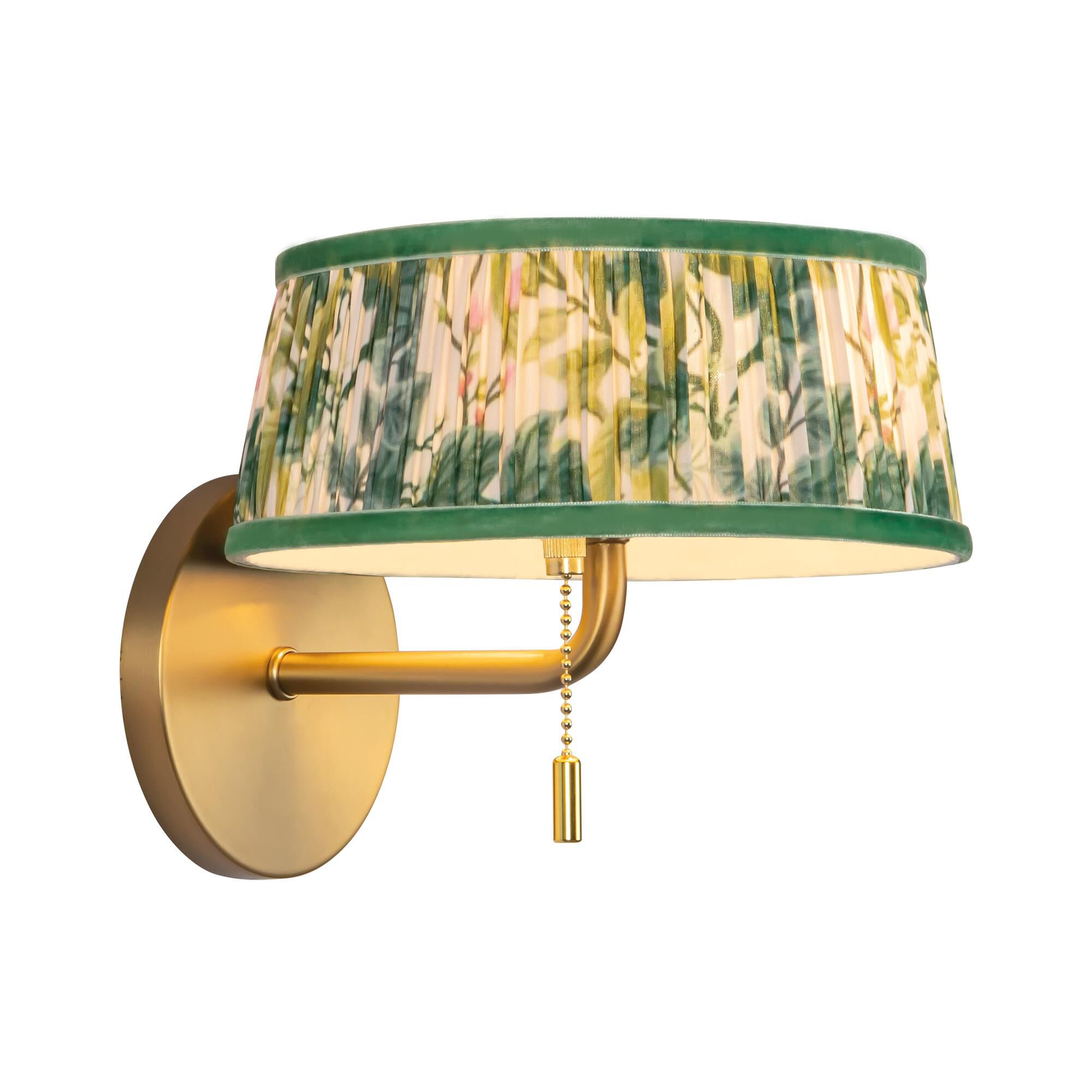 Shown in Brushed Gold finish and Green Linen shade