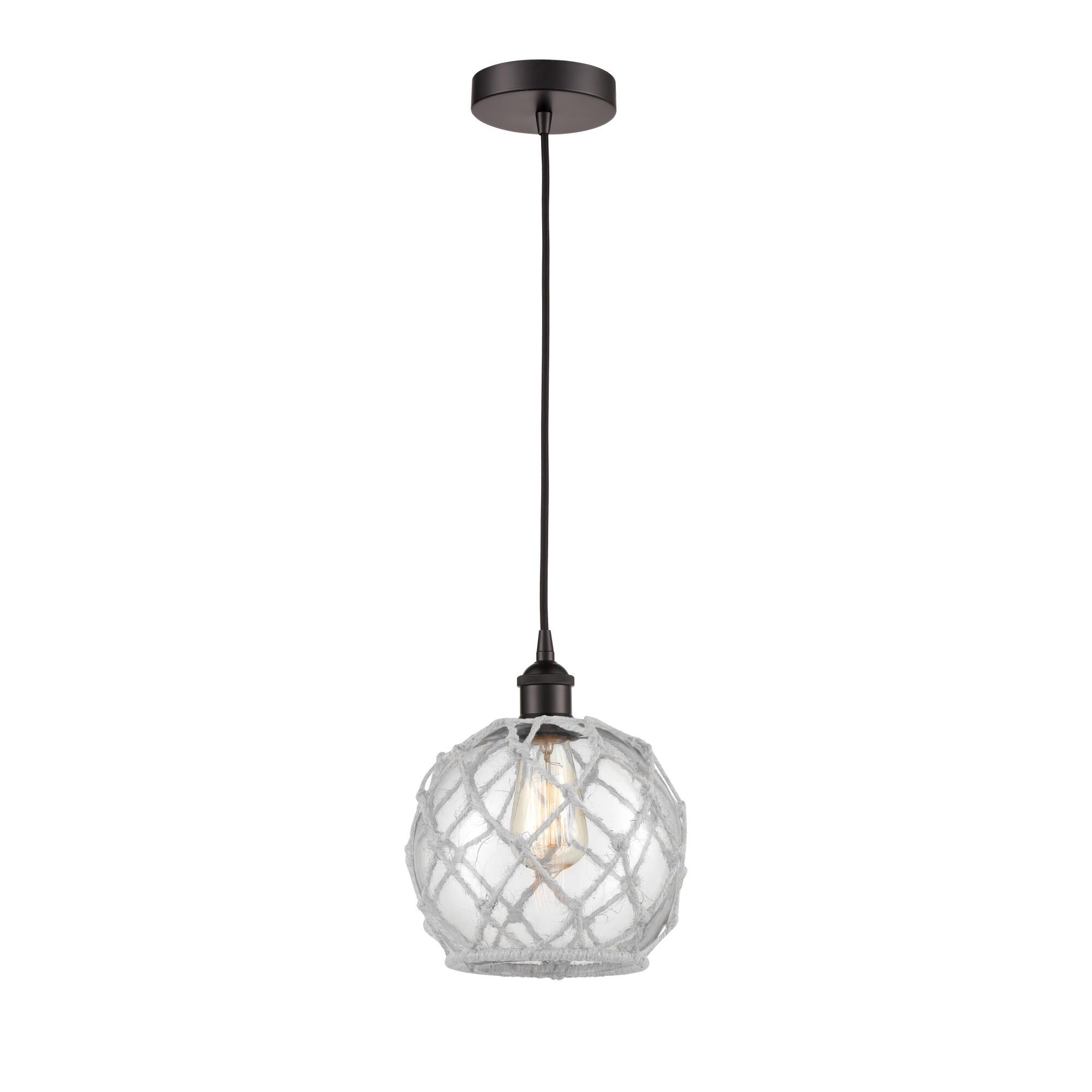 Shown in Oil Rubbed Bronze finish and Clear Farmhouse With White Rope glass and No Shade shade