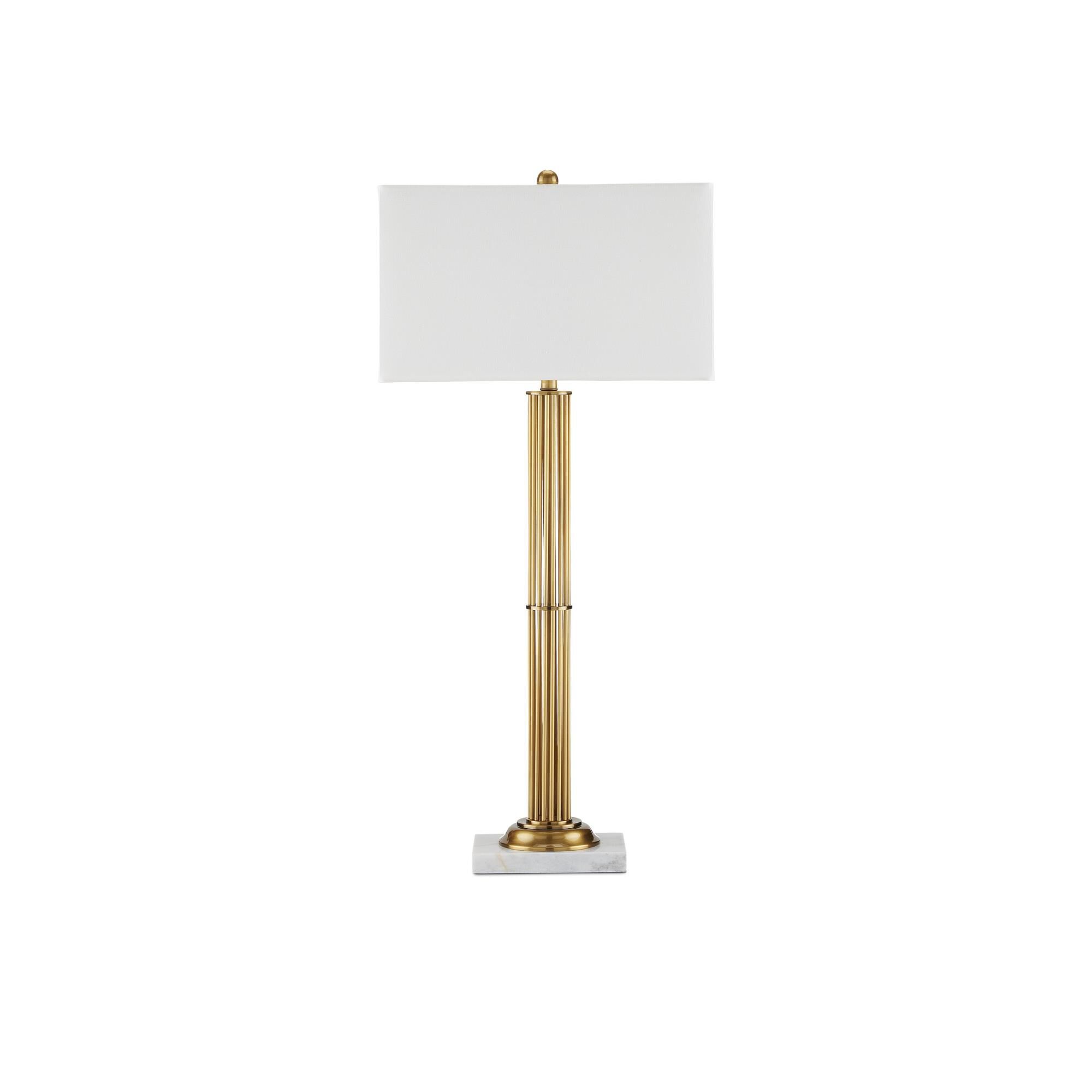 Shown in Antique Brass and White Marble finish and Bone Linen shade