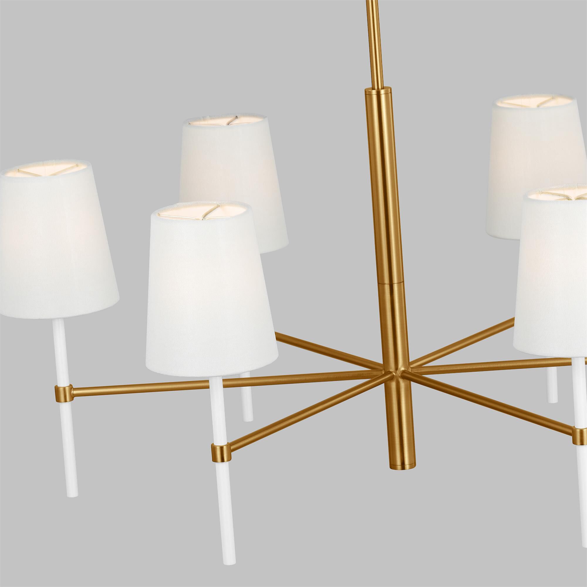 Shown in Burnished Brass finish and White Linen Fabric shade