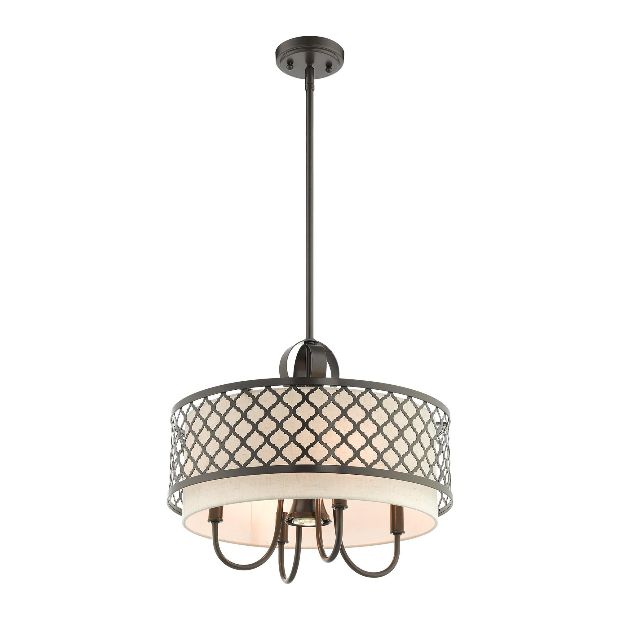 Shown in English Bronze finish and Hand Crafted Oatmeal Color Fabric Outside & White Fabric Inside Hardback shade