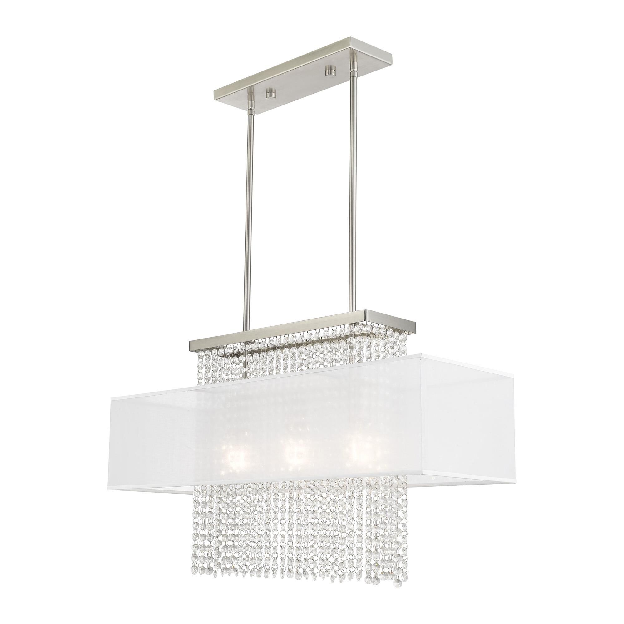 Shown in Brushed Nickel finish and Clear Crystals with Hand Crafted Translucent Fabric shade