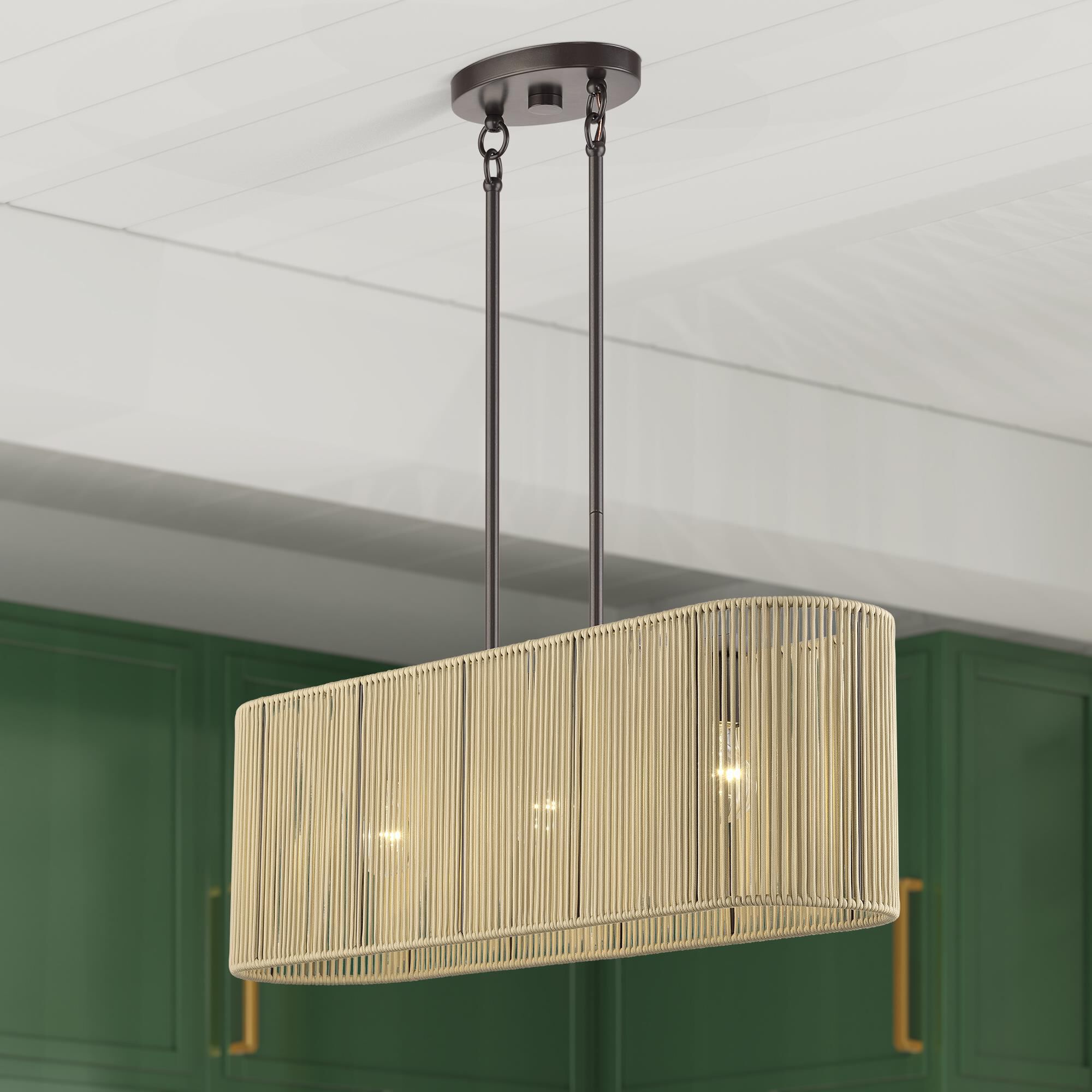 Shown in English Bronze finish and Hand-Woven Venetian Gold Color Polyester Rope shade