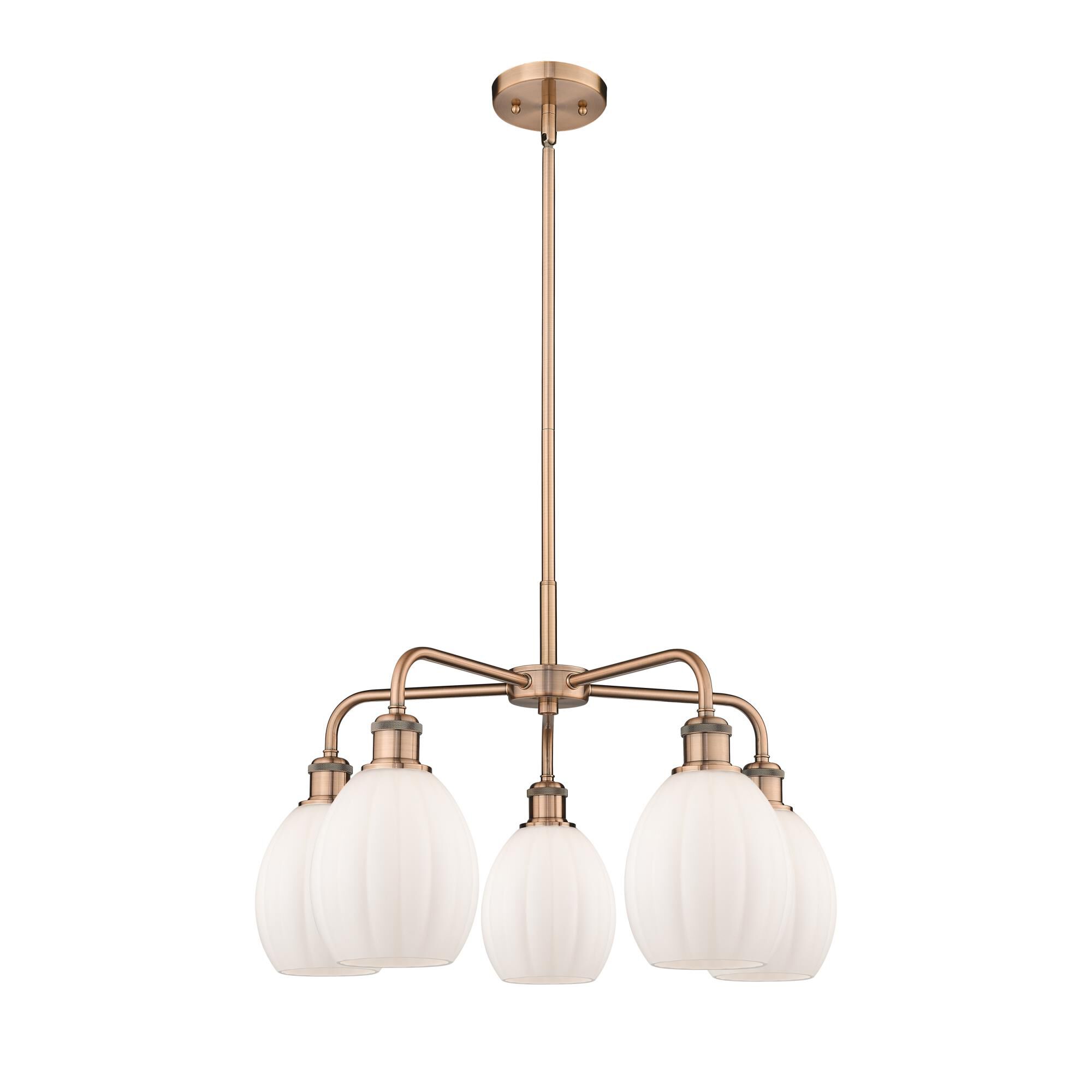 Shown in Antique Copper finish and Matte White glass