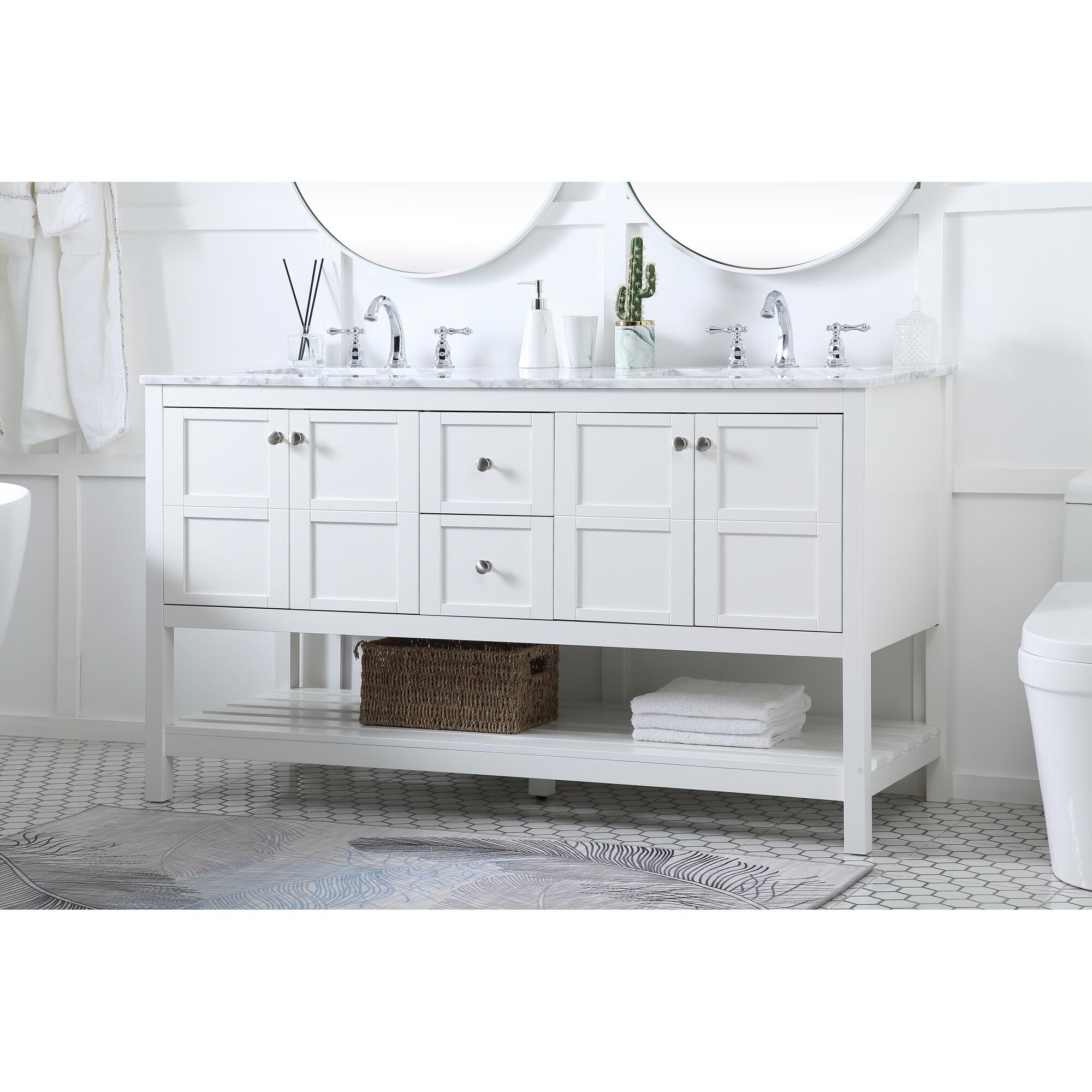 Shown in White And Brushed Nickel With Carrara White Marble finish