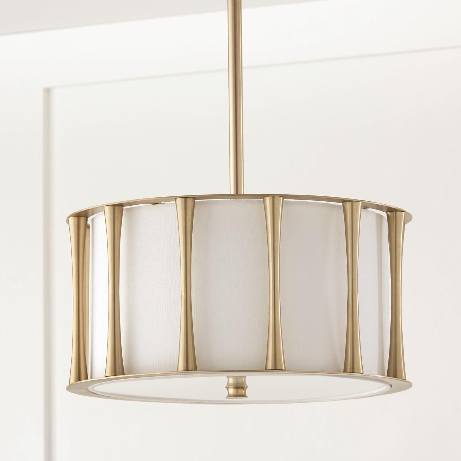 Shown in Matte Brass with Frosted Acrylic Diffuser finish and White Fabric shade
