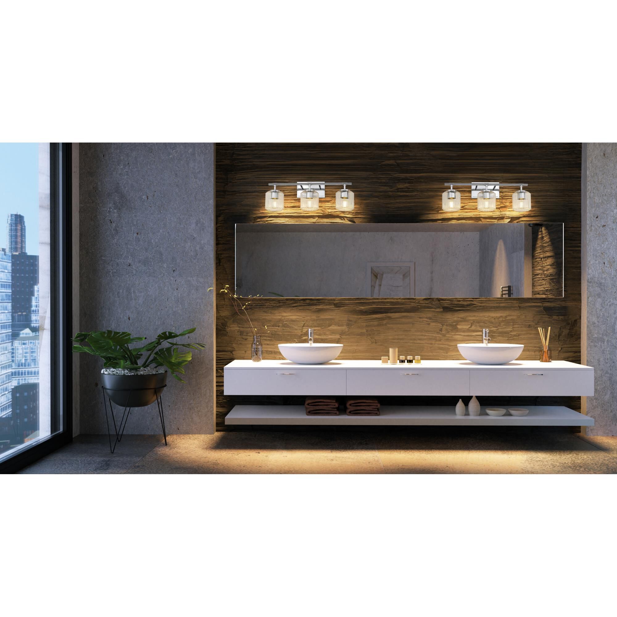 Shown in Chrome finish and Clear Ribbed glass and Clear Ribbed shade