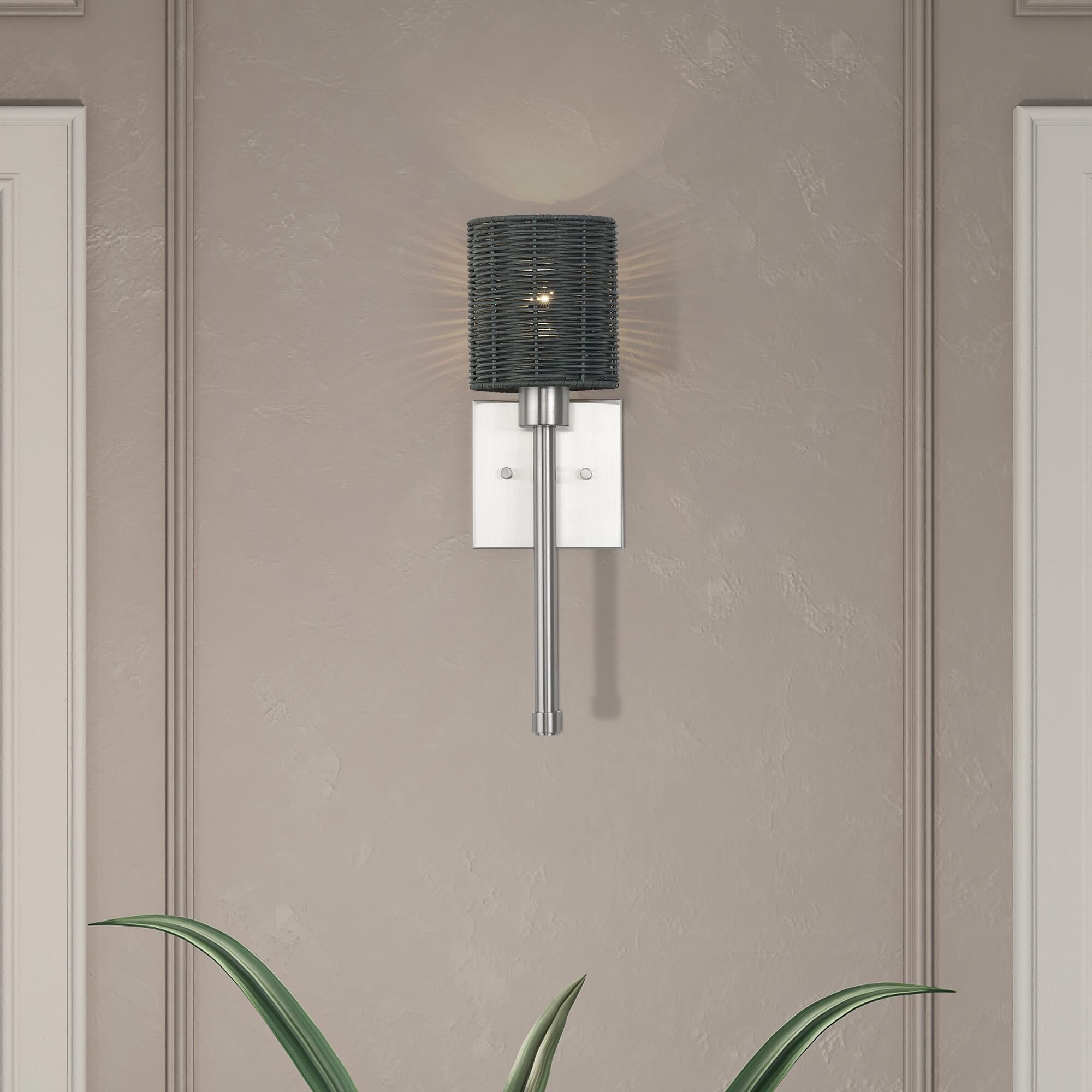 Shown in Brushed Nickel finish and Hand-Woven Charred Gray Color Rattan shade