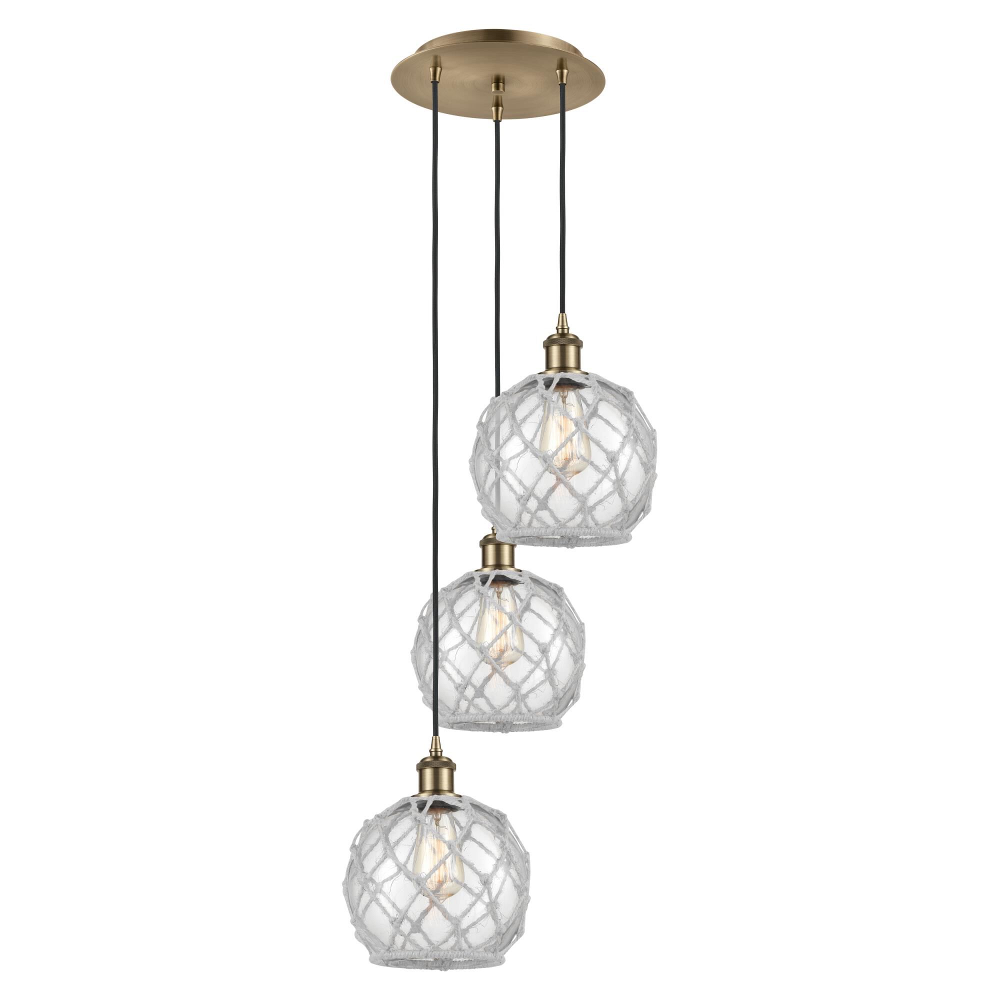 Shown in Antique Brass finish and Clear with White Rope glass