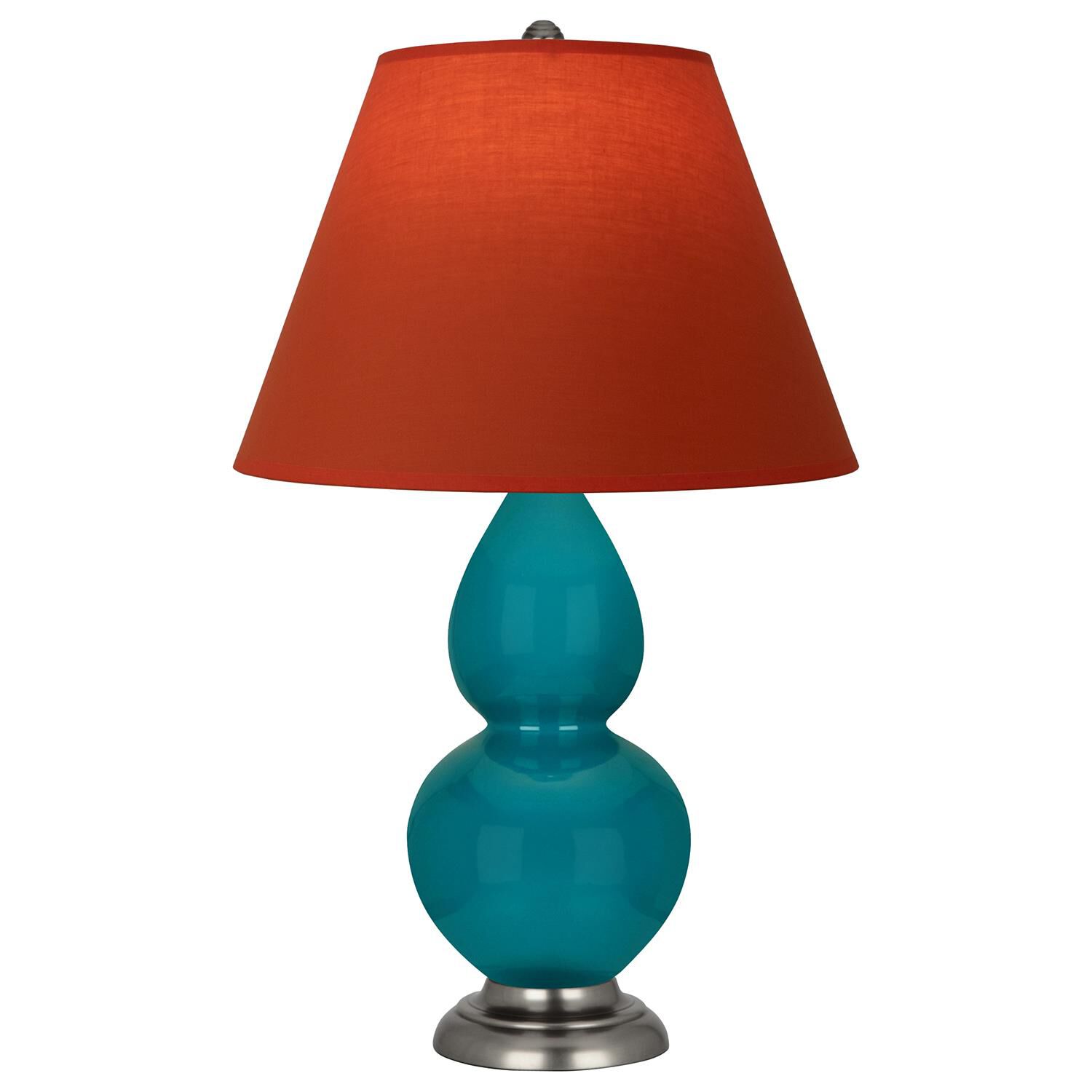 Shown in Peacock finish and Tangerine and Taupe Lining shade and Antique Silver accent