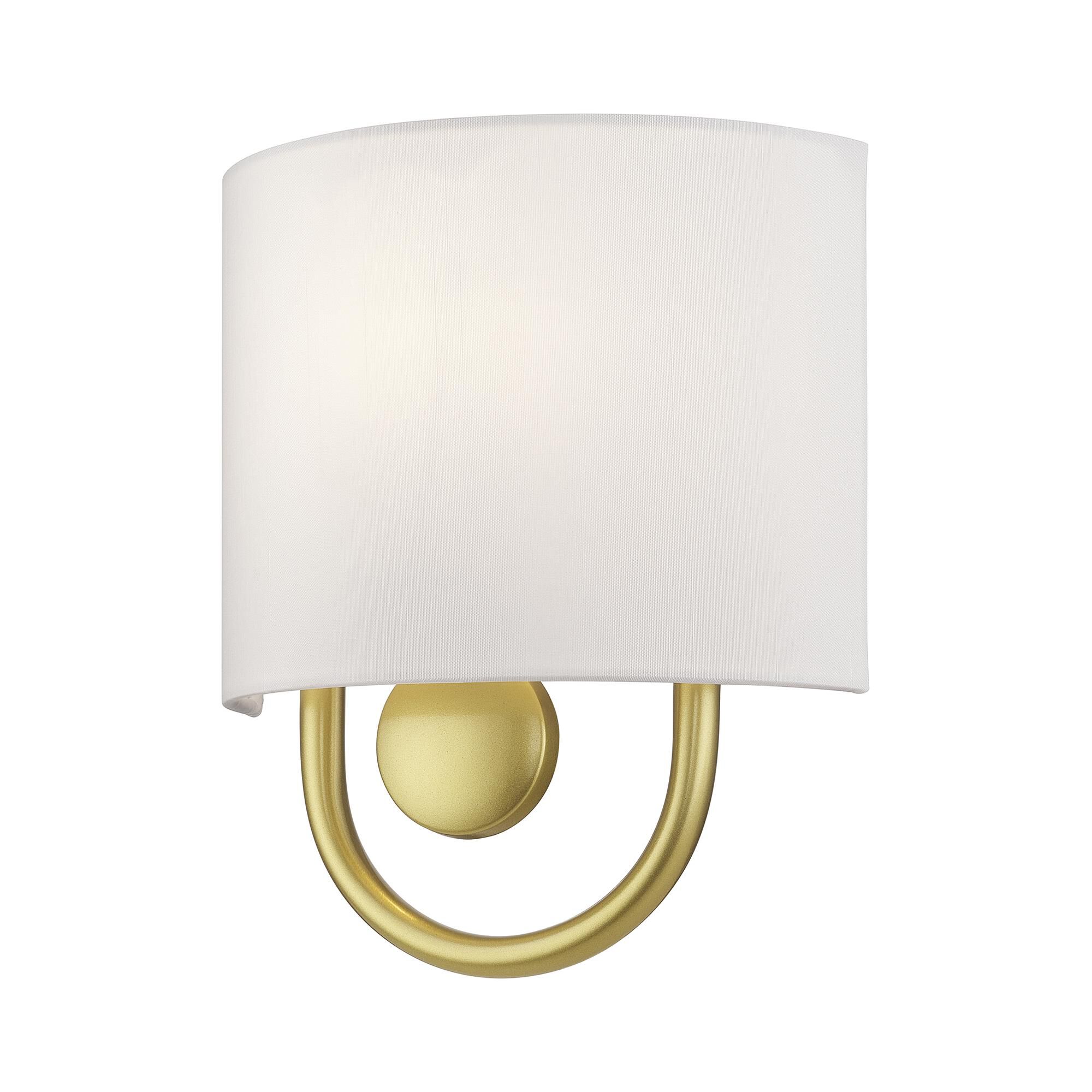 Shown in Soft Gold finish and Hand Crafted Off-White Fabric Hardback with White Fabric Inside shade