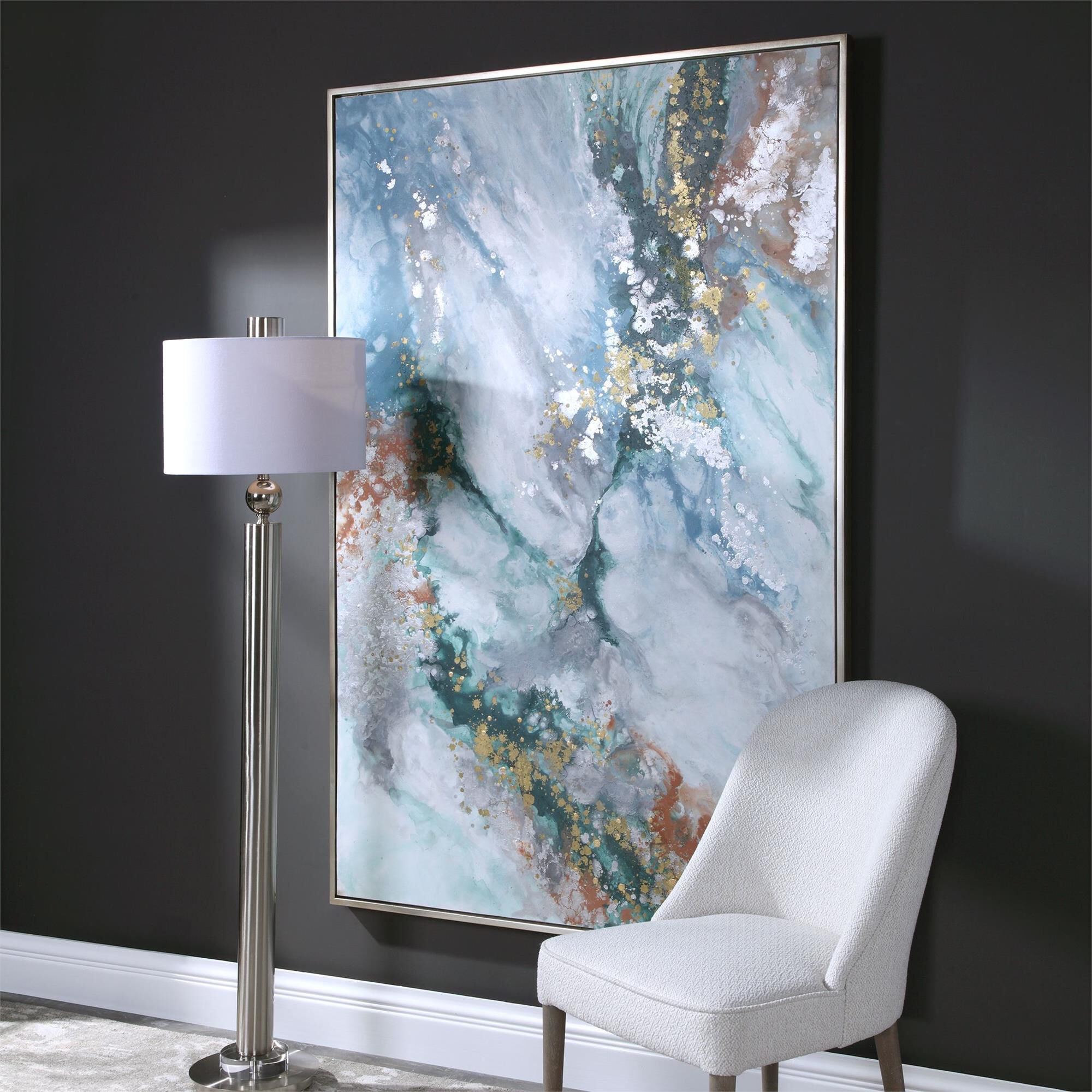 Shown in Hand Painted, Silver Gallery Frame, Abstract, White, Teal, Burnt Orange, Gold Leaf Highlights, Light finish