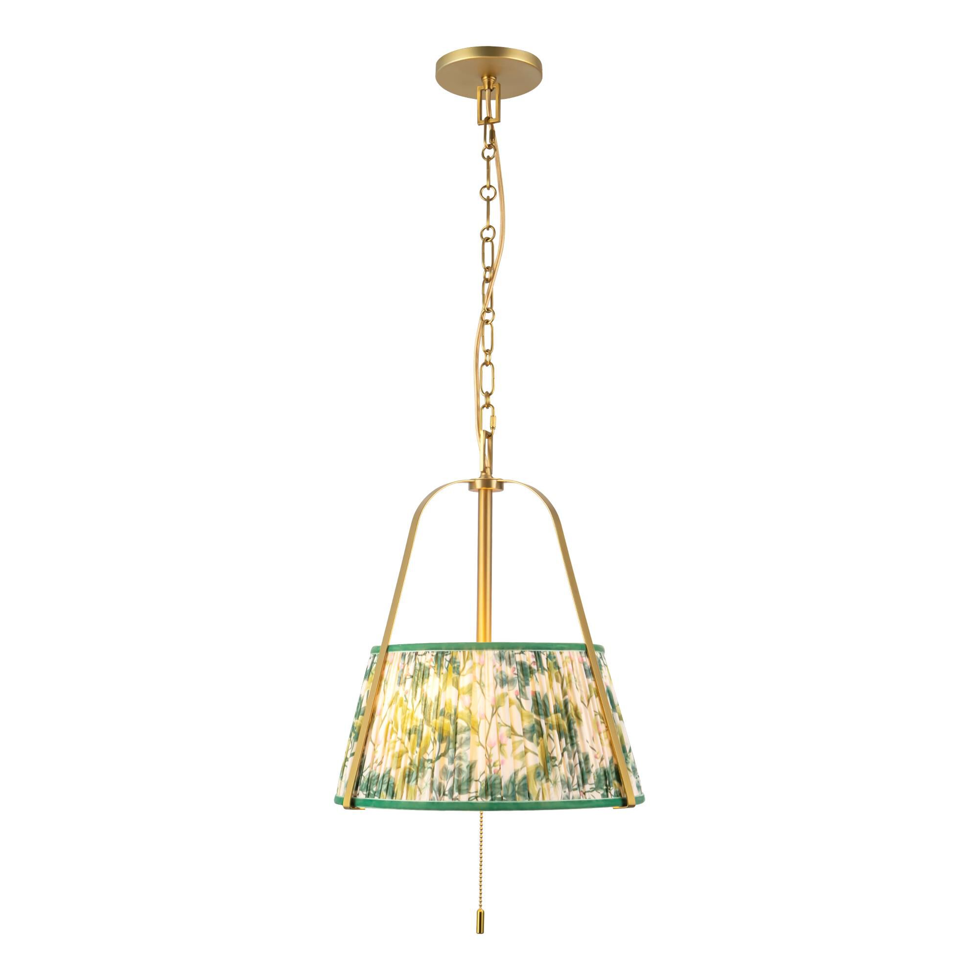 Shown in Brushed Gold finish and Green Linen shade