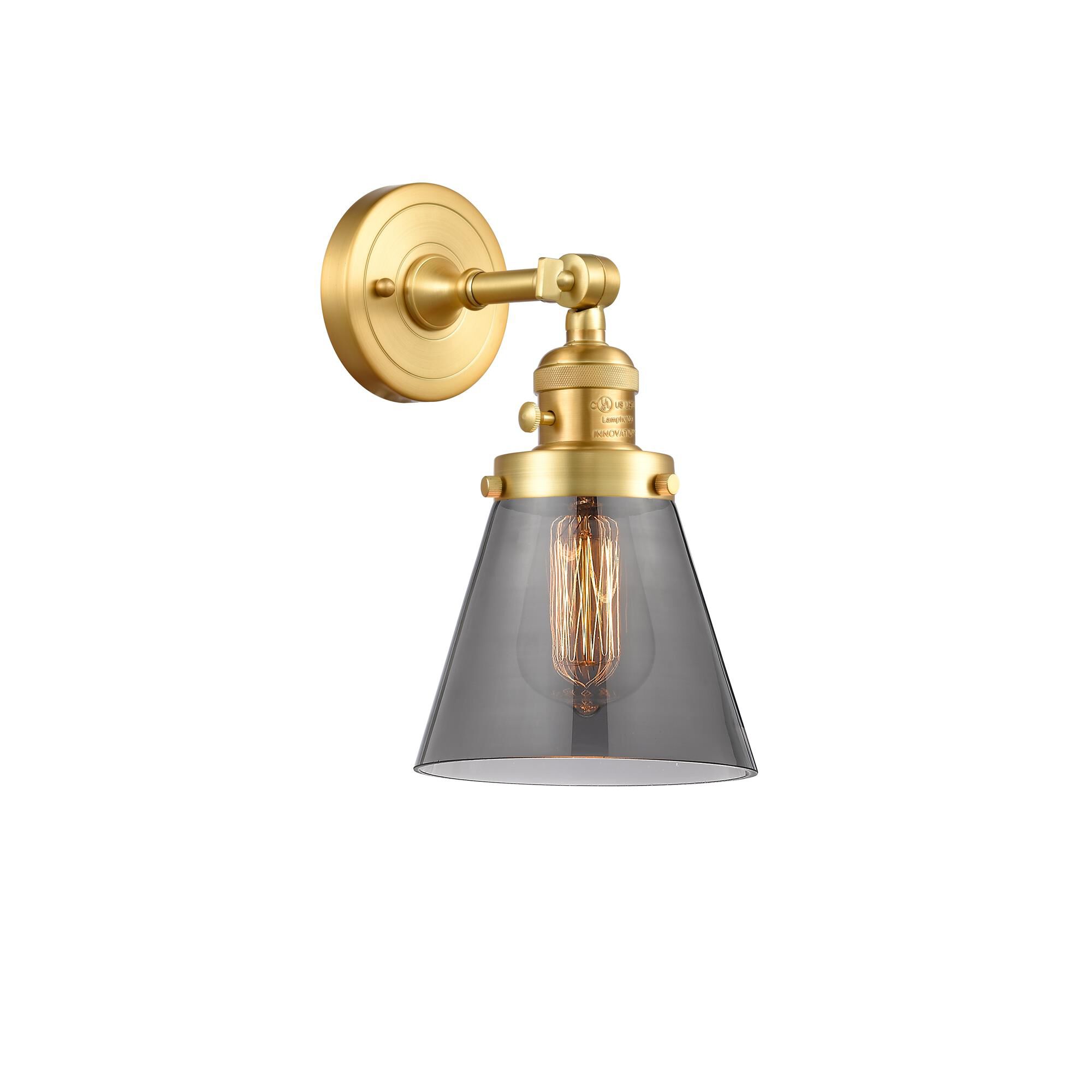 Shown in Satin Gold finish and Plated Smoke Small Cone glass
