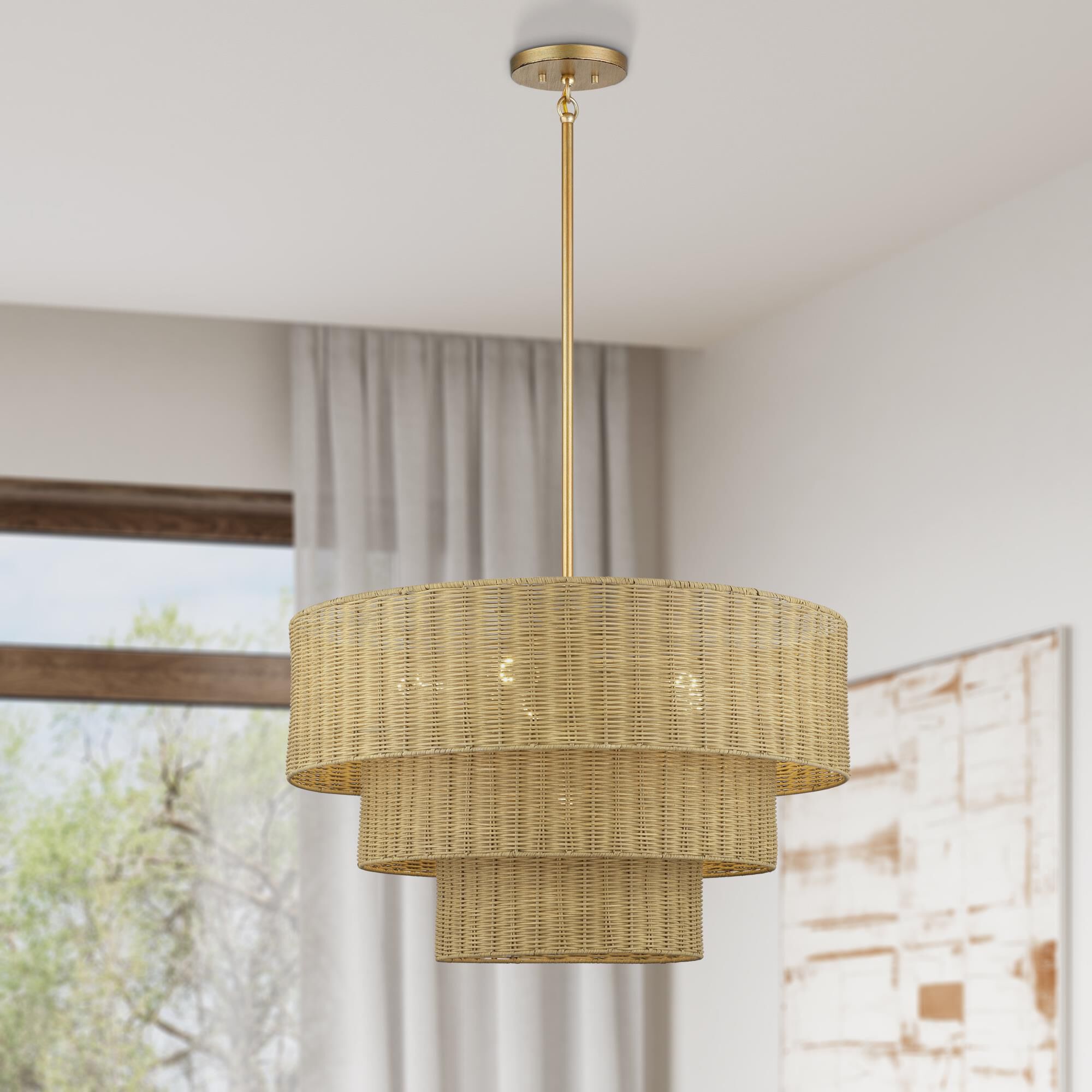 Shown in Antique Gold Leaf finish and Hand-Woven Rustic Walnut Color Rattan shade