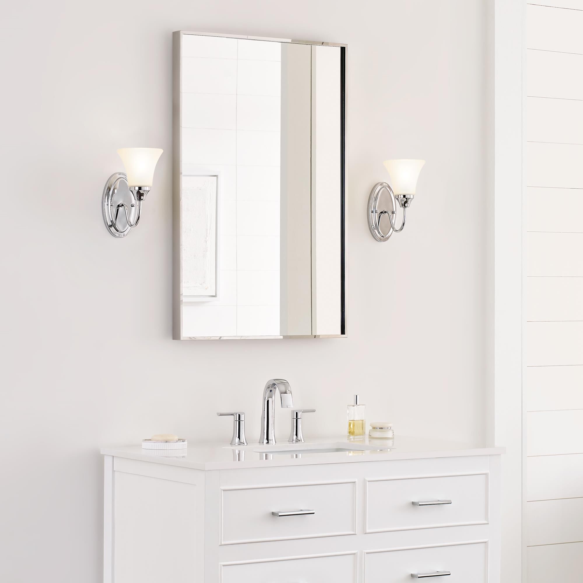 Shown in Chrome finish and Satin Etched glass