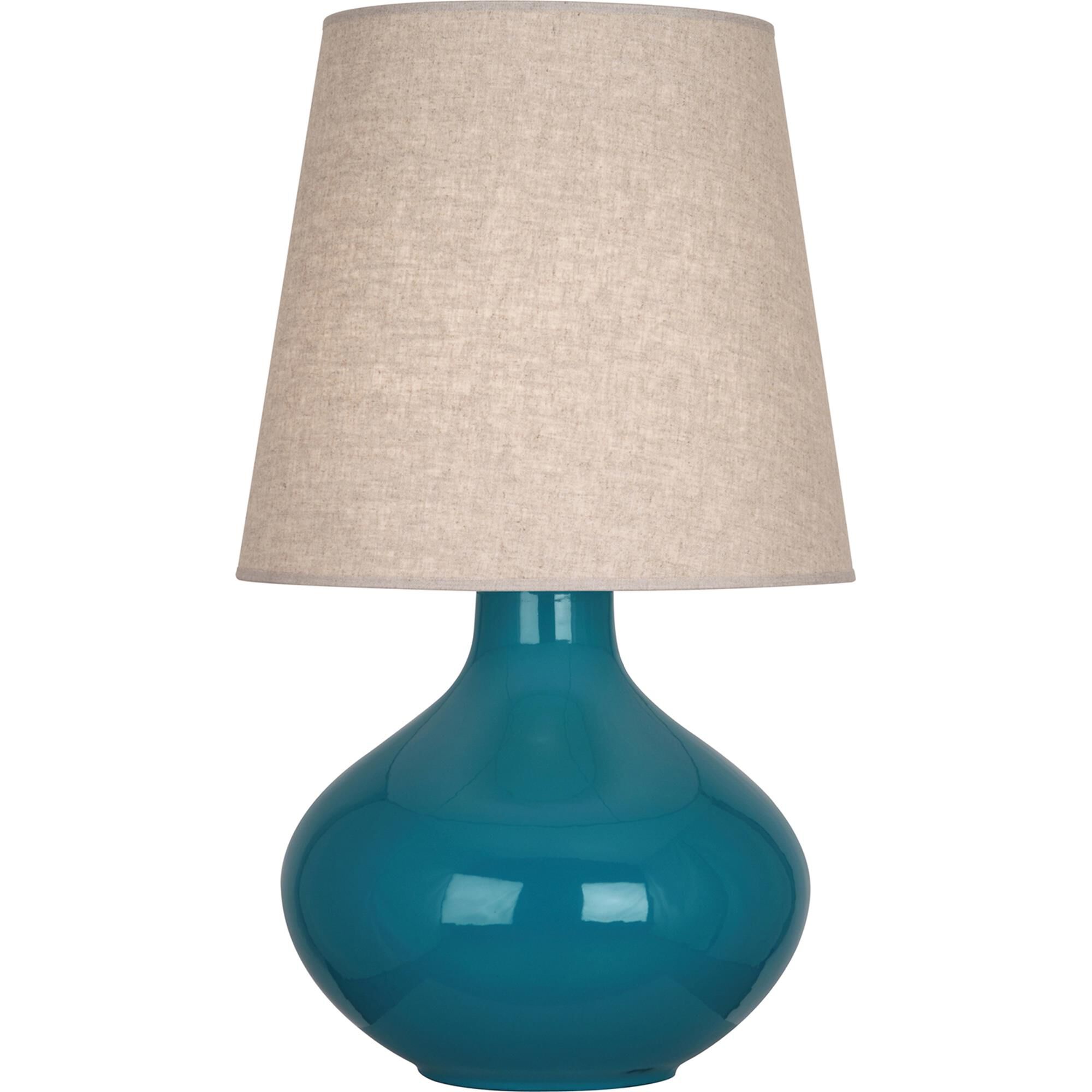 Shown in Peacock Glazed Ceramic finish and Buff Linen shade