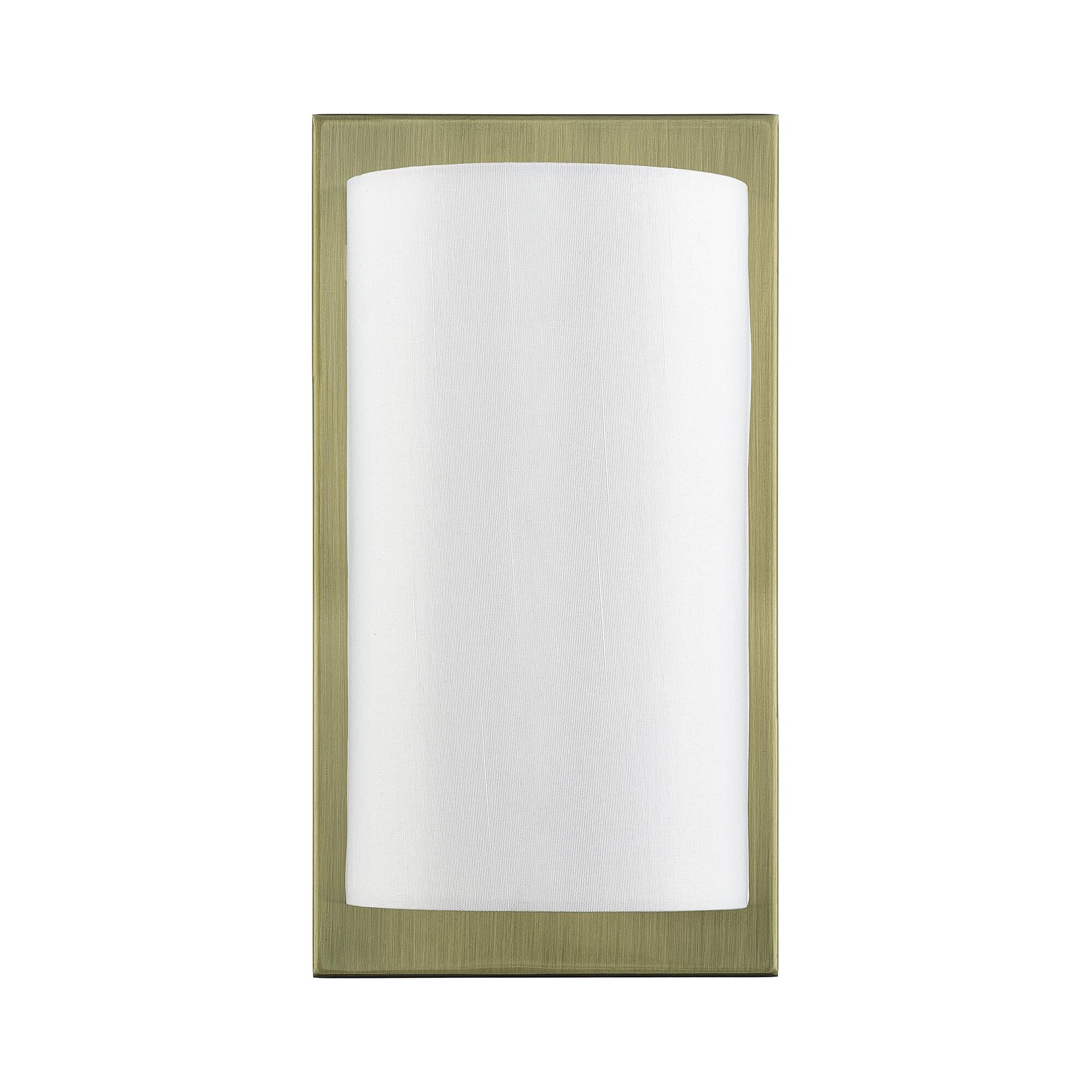 Shown in Antique Brass finish and Hand Crafted Off-White Fabric Hardback shade