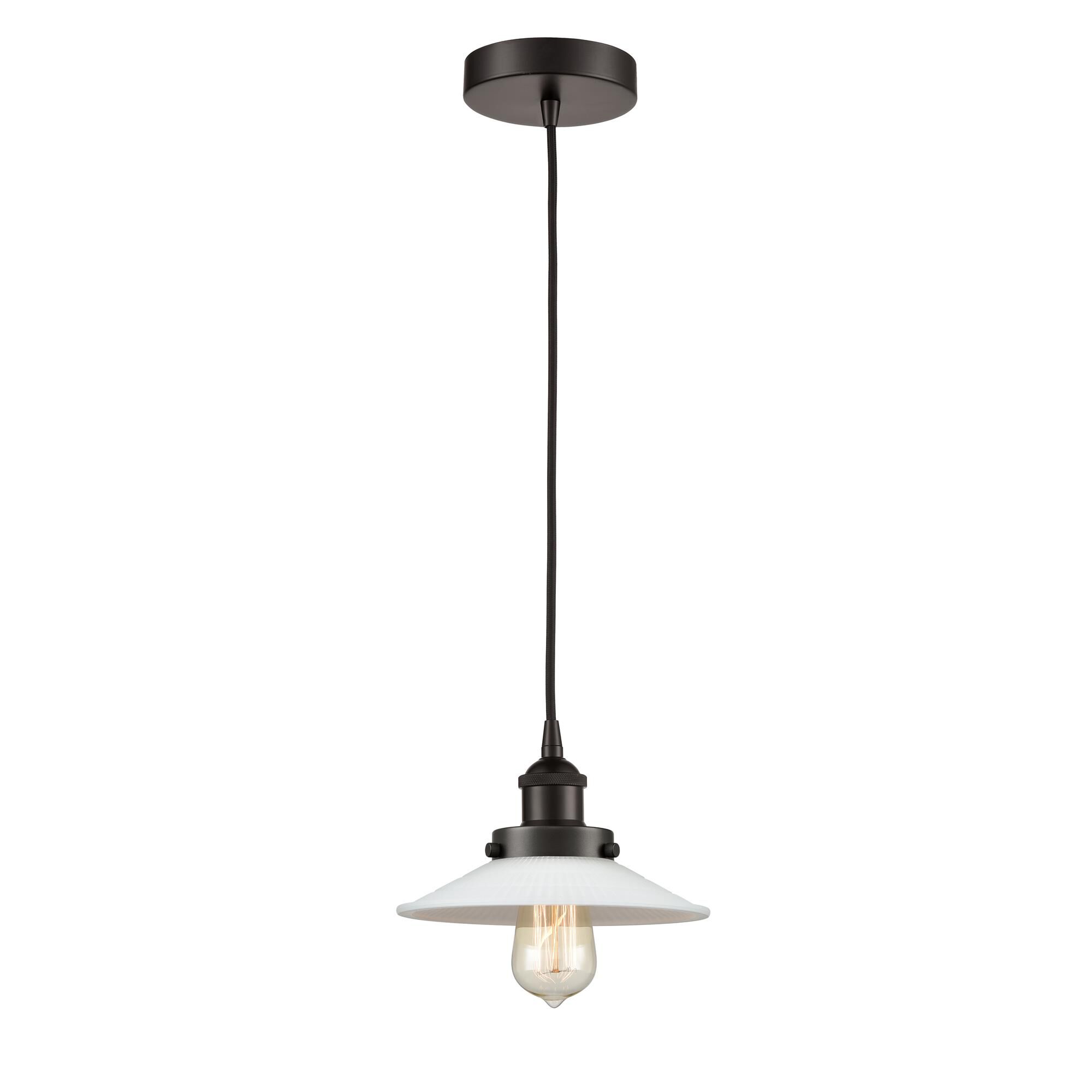 Shown in Oil Rubbed Bronze finish and White Halophane glass