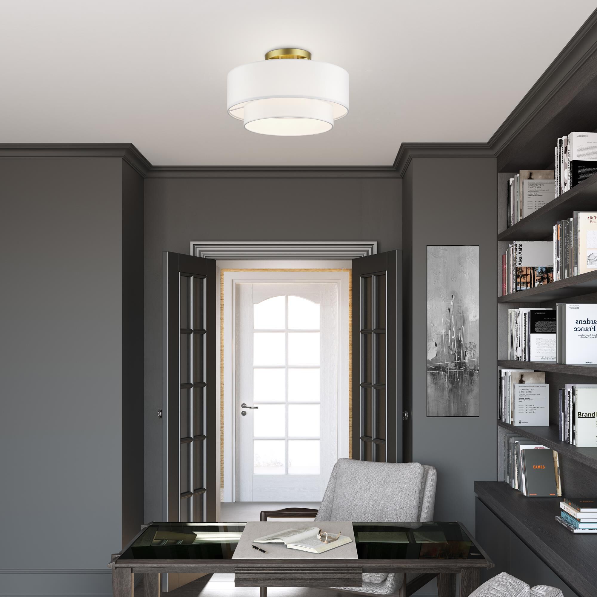 Shown in Soft Gold finish and Hand Crafted Off-White Fabric Hardbacks with White Fabric Inside shade