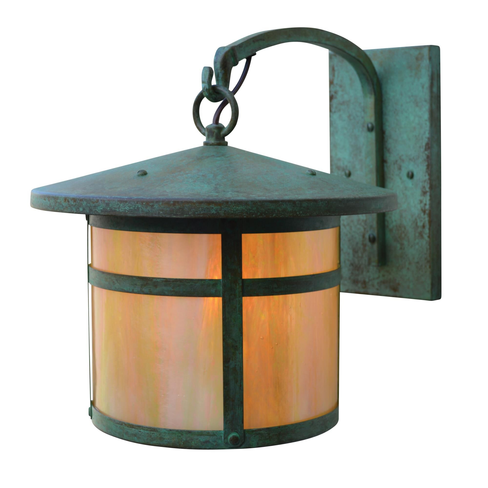 Shown in Verdigris Patina finish and Gold White Iridescent glass