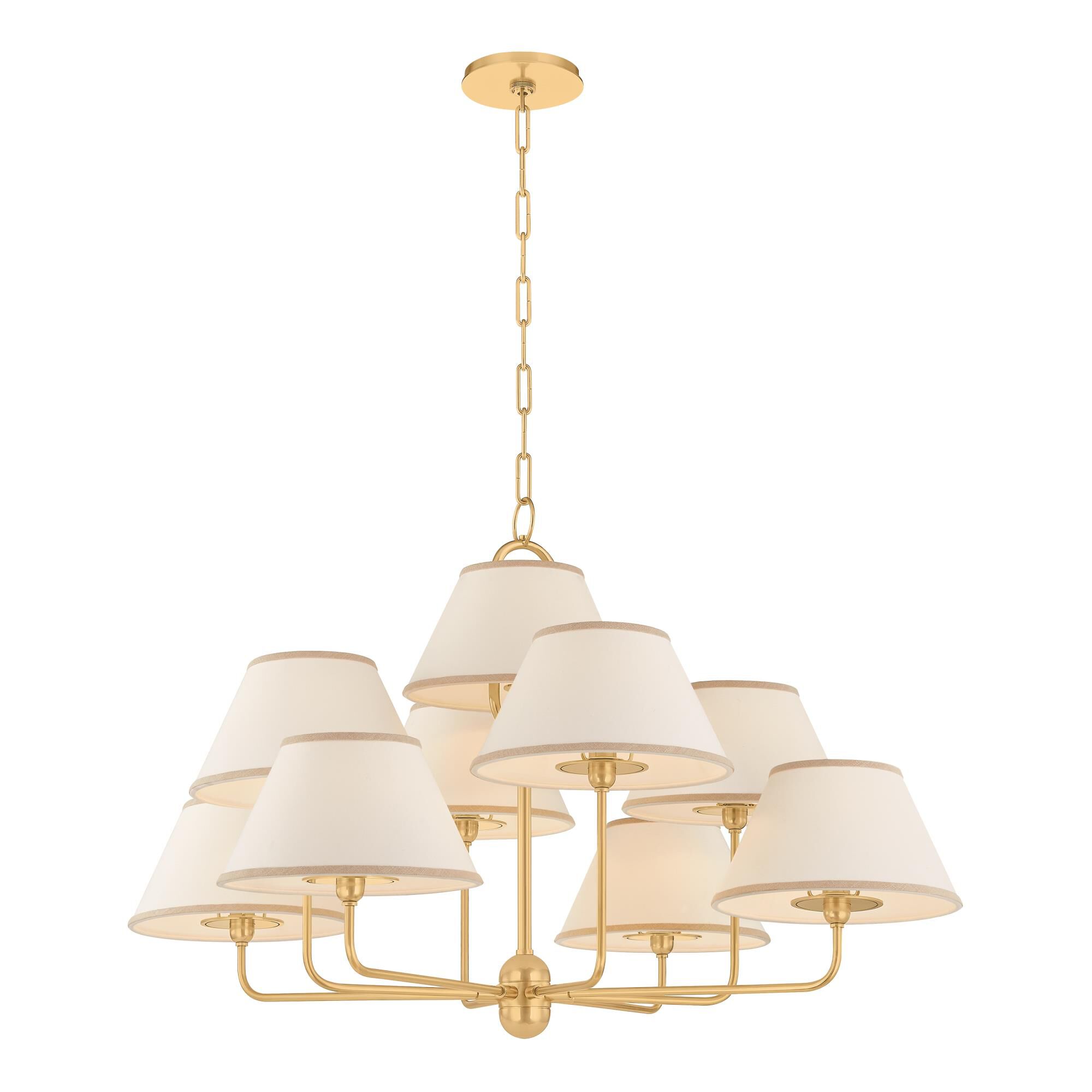 Shown in Aged Brass finish and White Linen shade