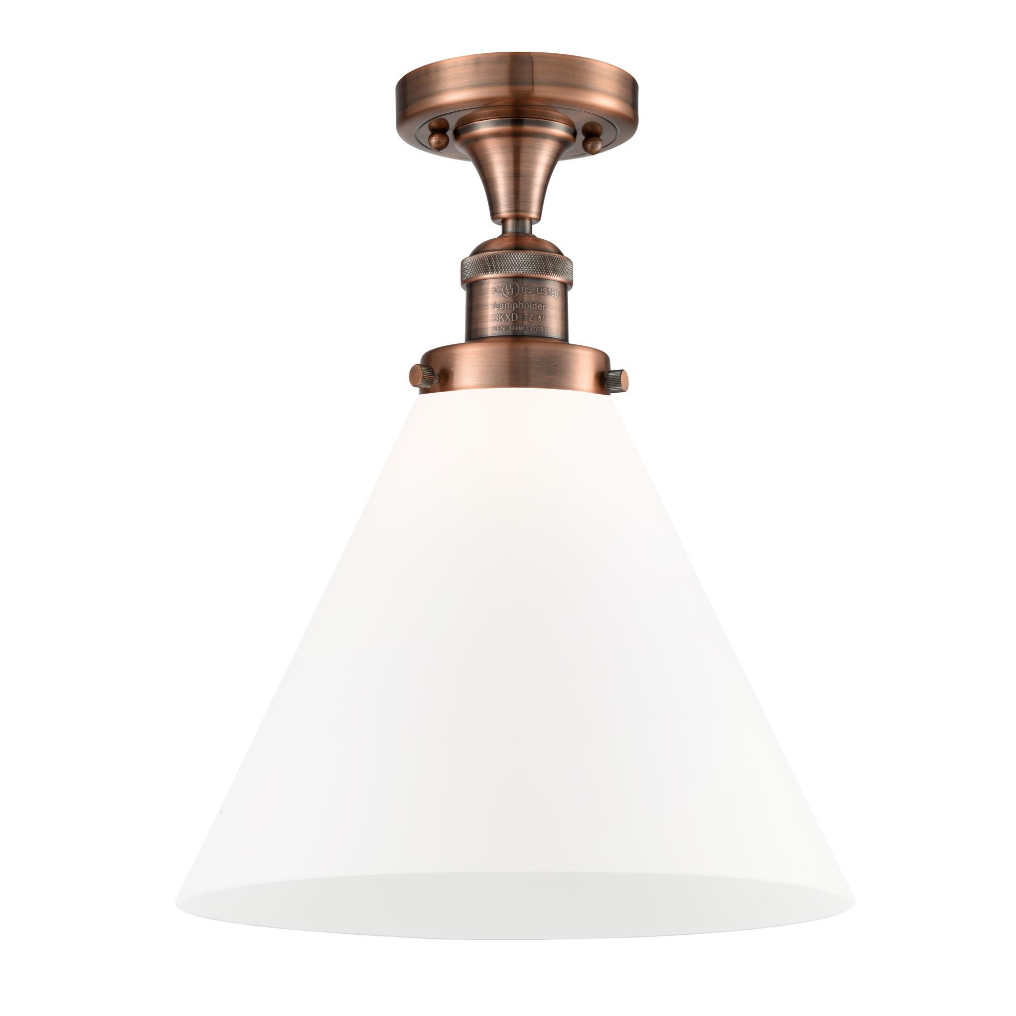 Shown in Antique Copper finish and Matte White Cased glass