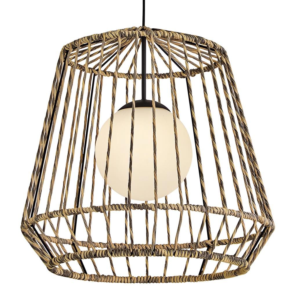 Shown in Black finish and Etched Opal glass and All Weather Rattan shade