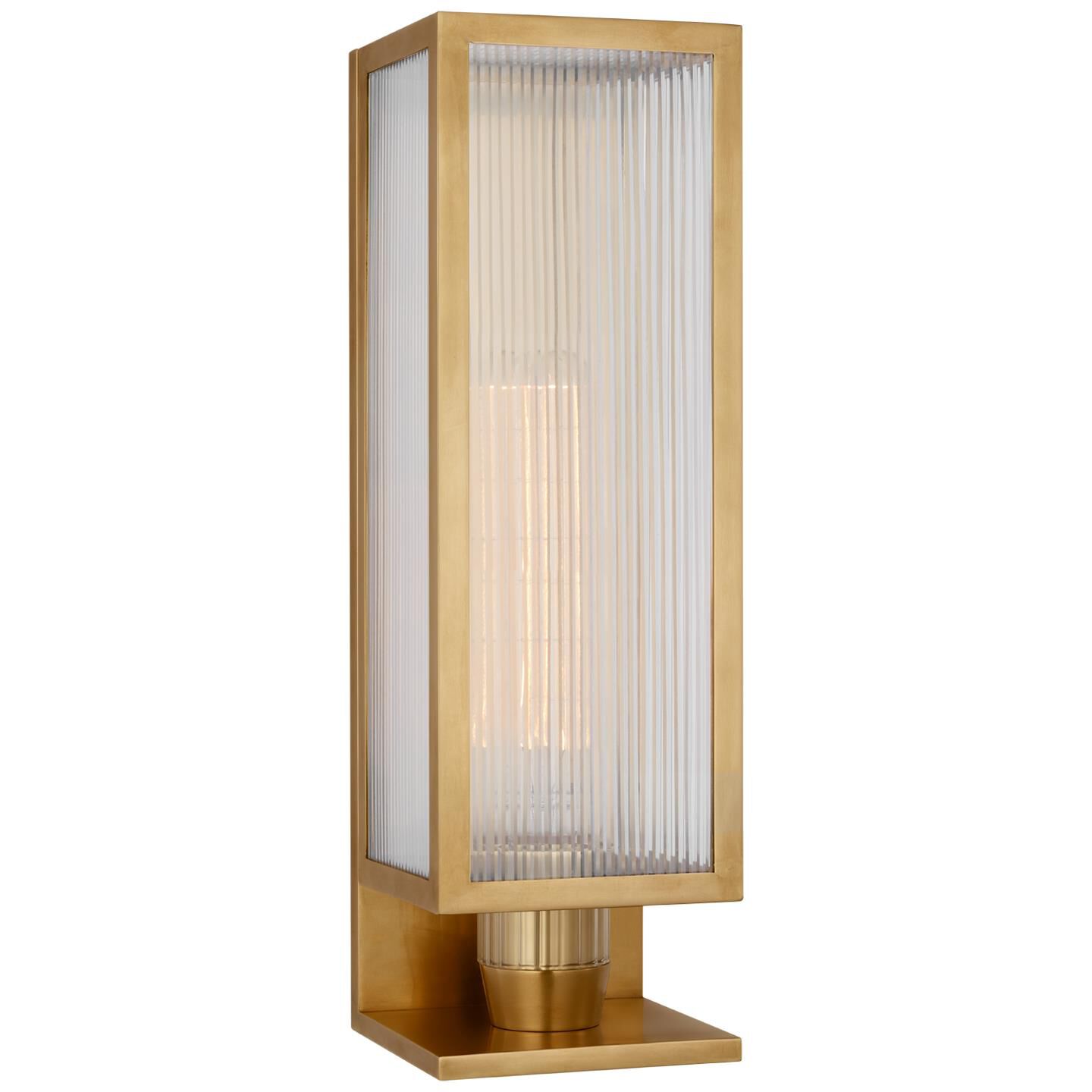 Shown in Soft Brass finish and Clear Ribbed glass