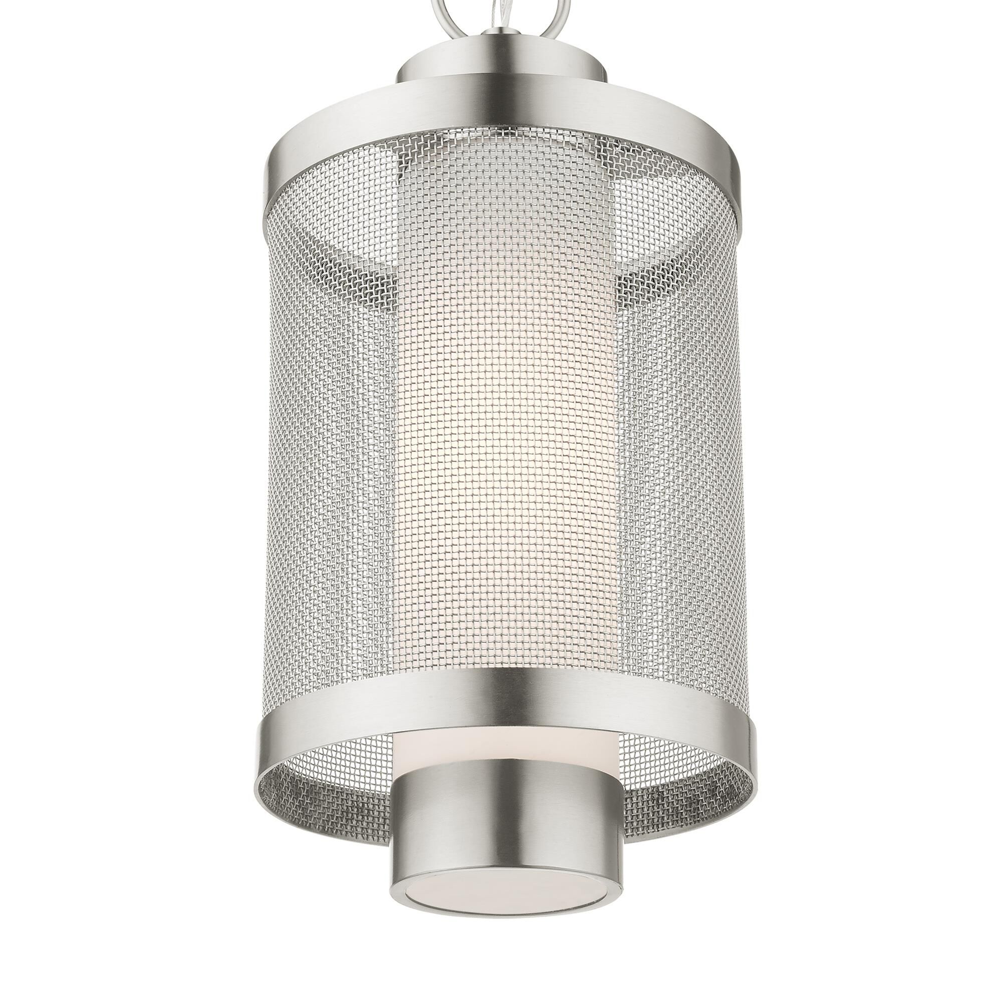 Shown in Brushed Nickel finish and Brushed Nickel Stainless Steel Mesh With Satin Opal White glass and Brushed Nickel Stainless Steel Mesh With Satin Opal White Glass shade