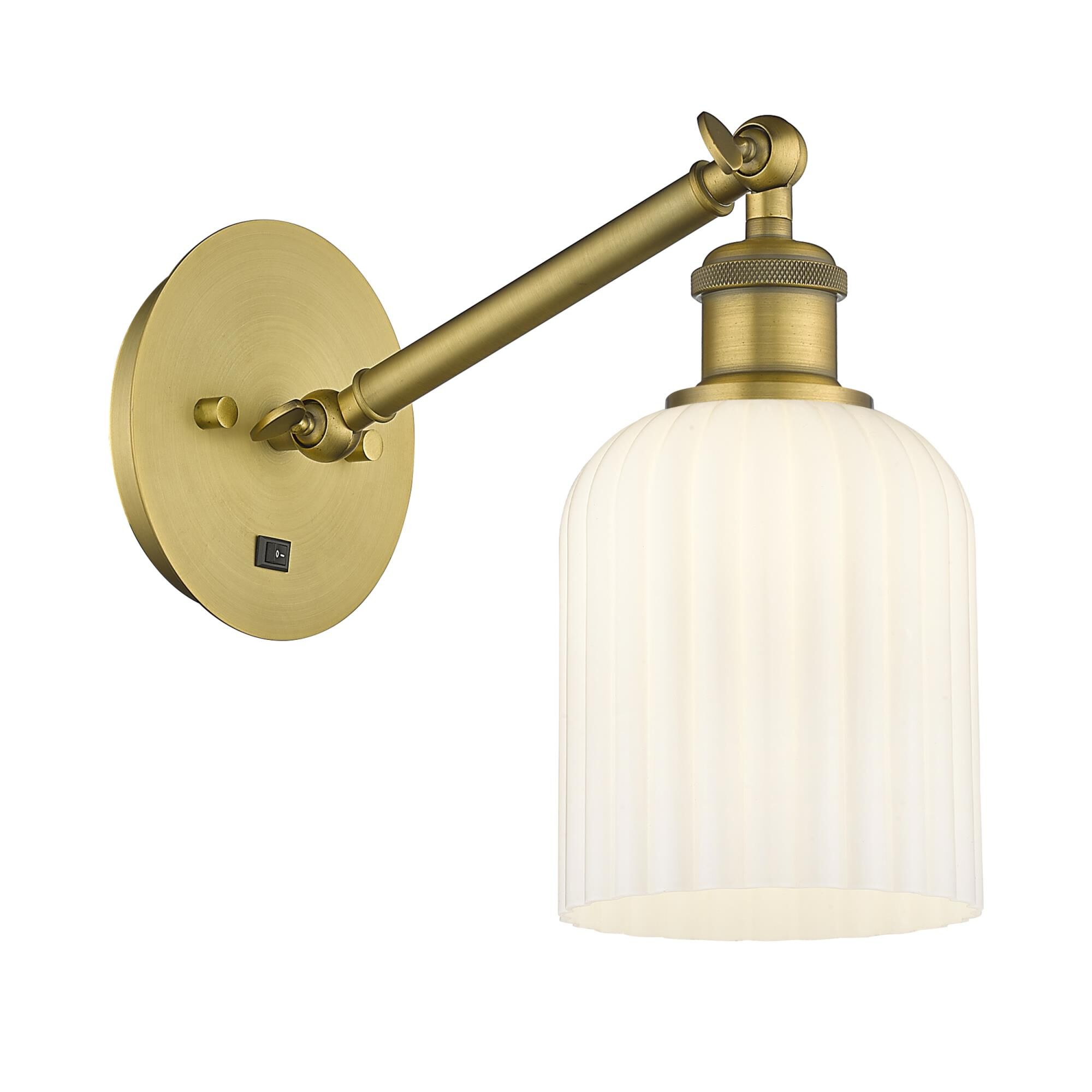Shown in Brushed Brass finish and Gloss White shade