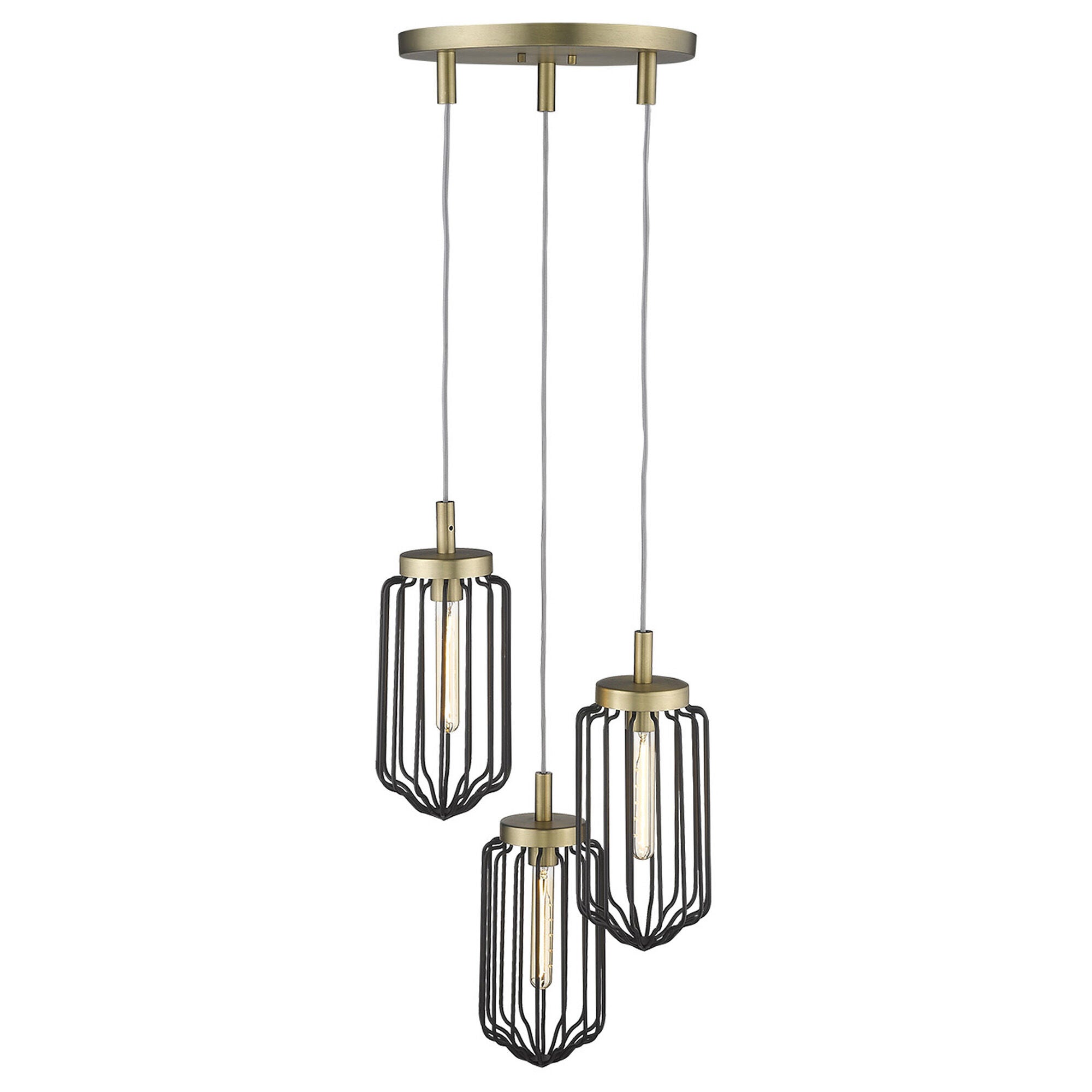 Shown in Aged Brass finish and Black glass and Black, Cylindrical Metal Cage s shade
