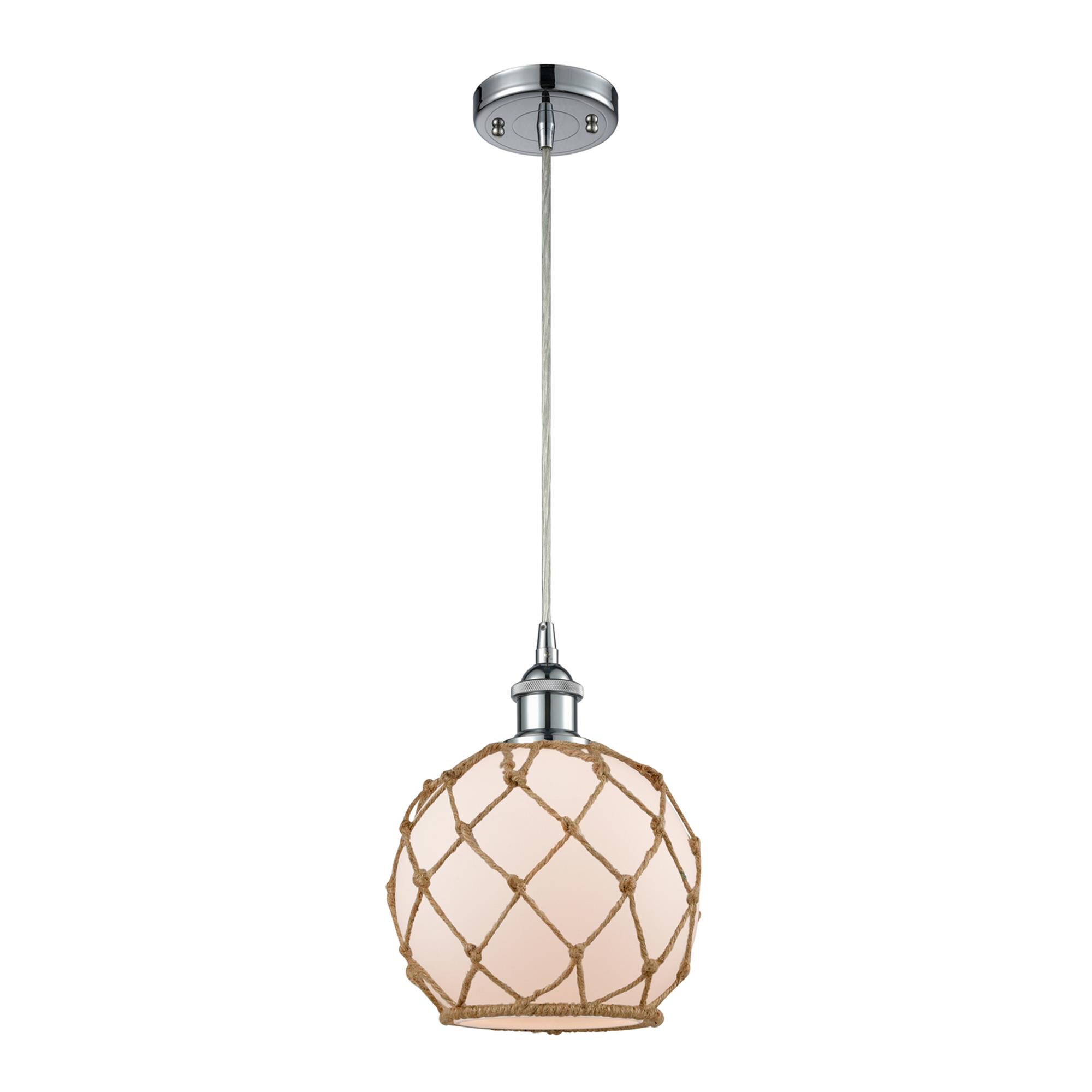 Shown in Polished Chrome finish and White With Black Rope glass