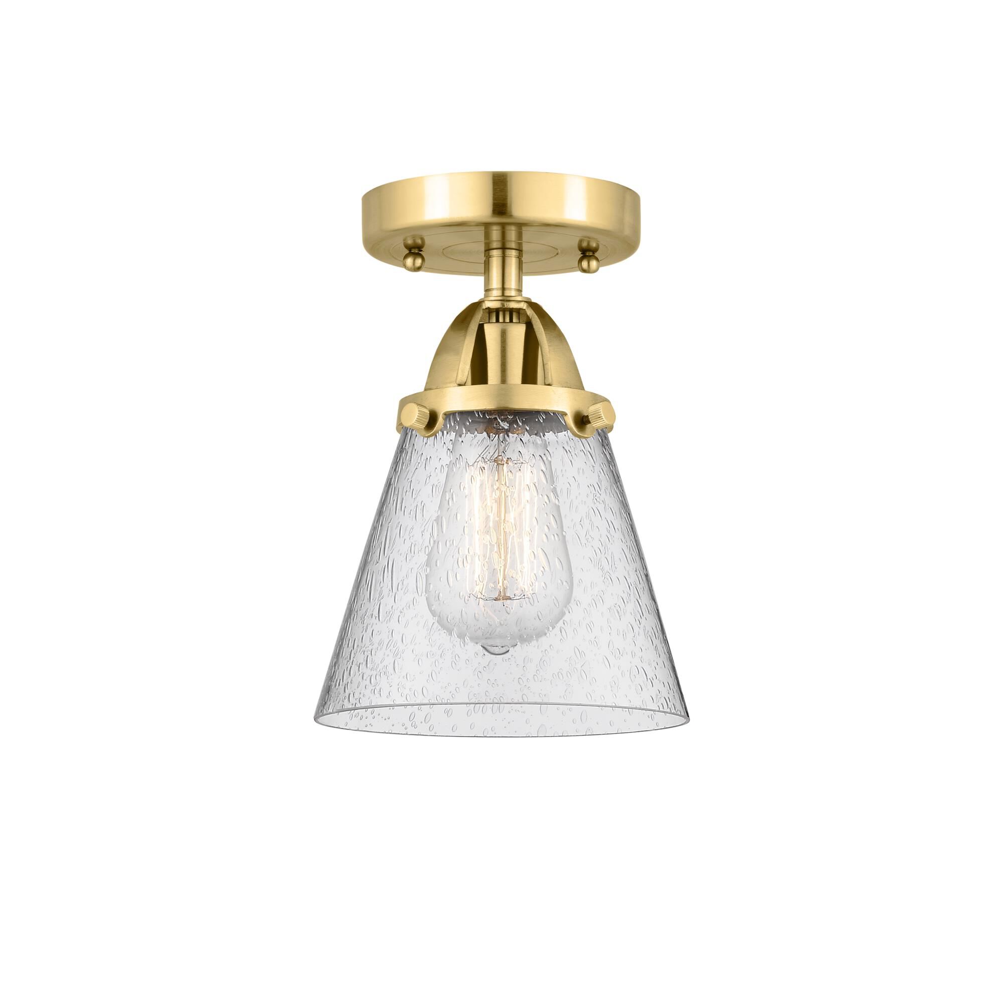 Shown in Satin Gold finish and Seedy Small Cone glass and No Shade shade