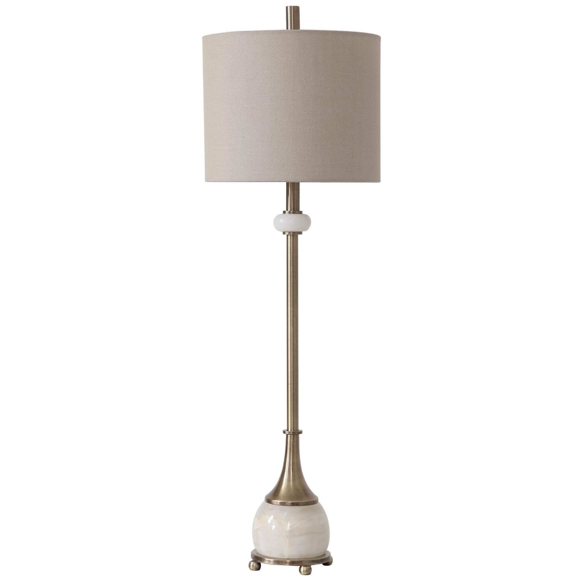 Shown in This Buffet Lamp Features A Delicate Design With Traditional Elements That Showcase Polished White M finish and Round Hardback shade