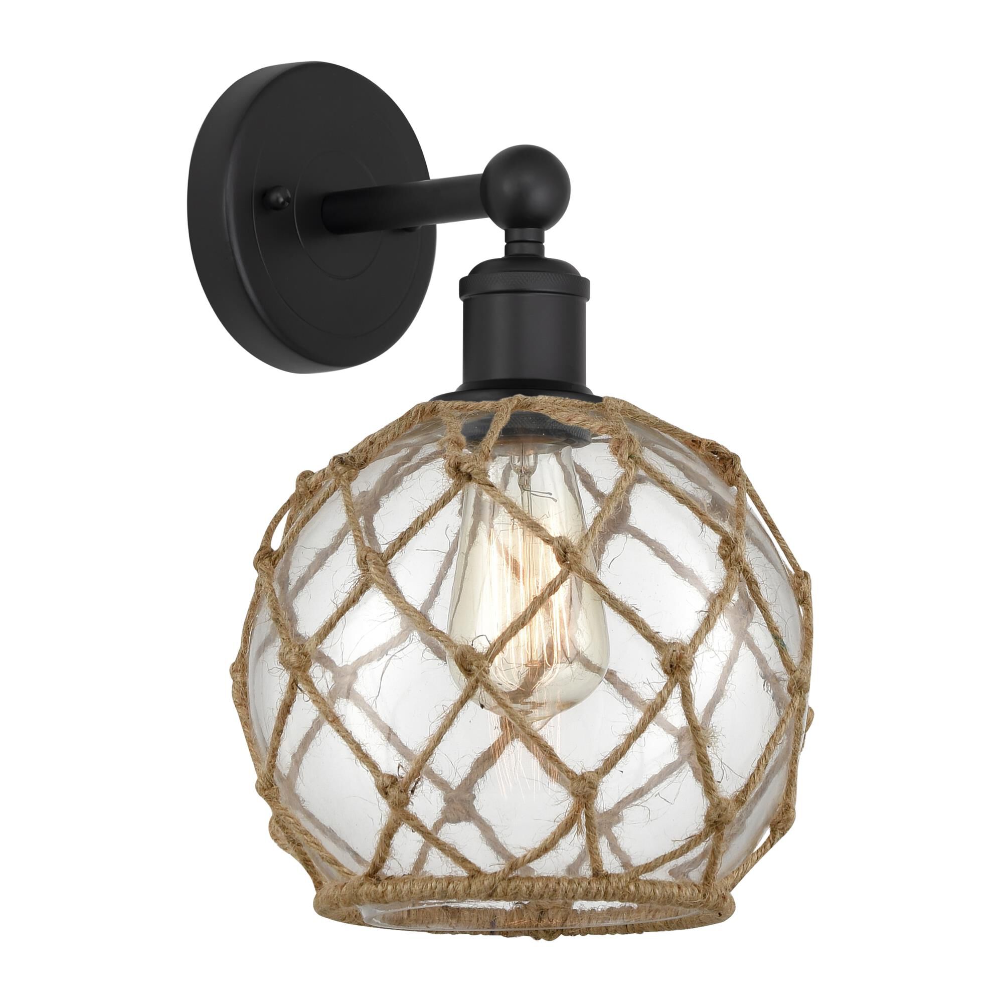 Shown in Matte Black finish and Clear with Brown Rope glass