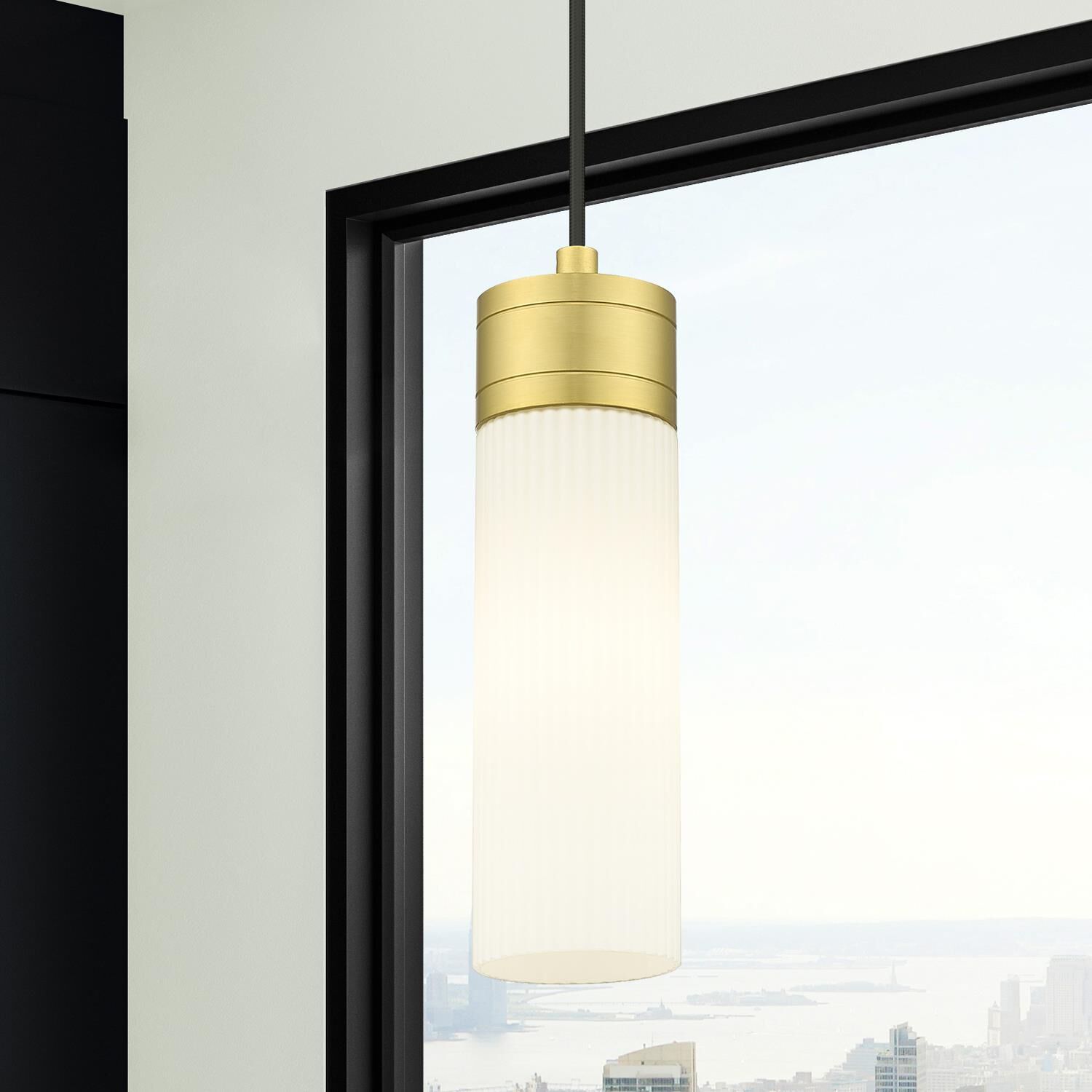 Shown in Satin Gold finish and Striped White glass