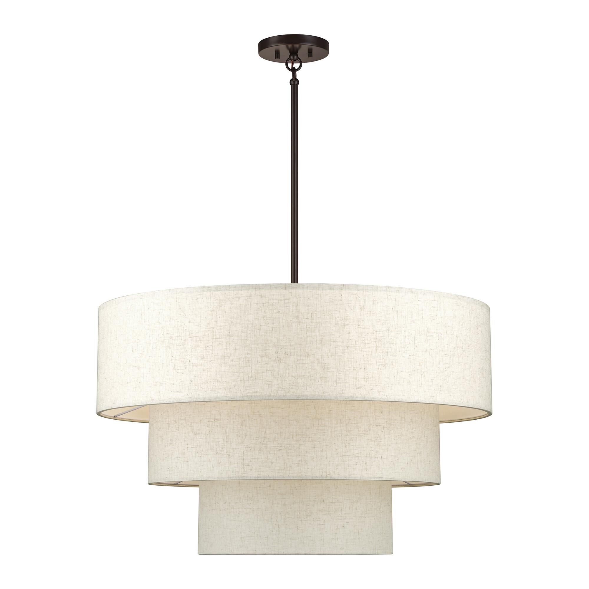Shown in English Bronze finish and Hand Crafted Oatmeal Color Fabric with White Color Inside shade