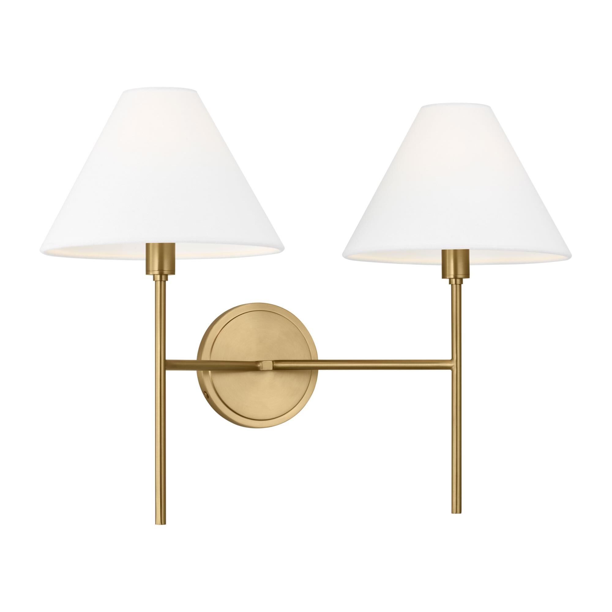 Shown in Burnished Brass finish and White Linen shade