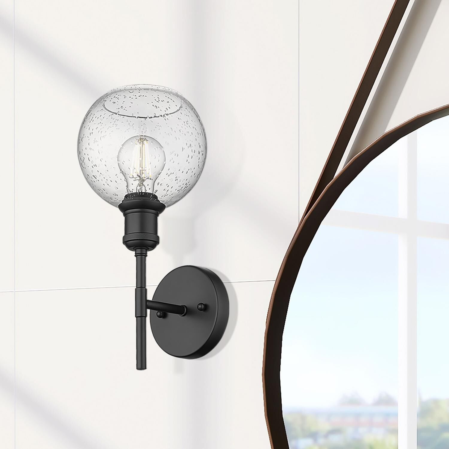 Shown in Matte Black finish and Seeded glass and Without Shade shade