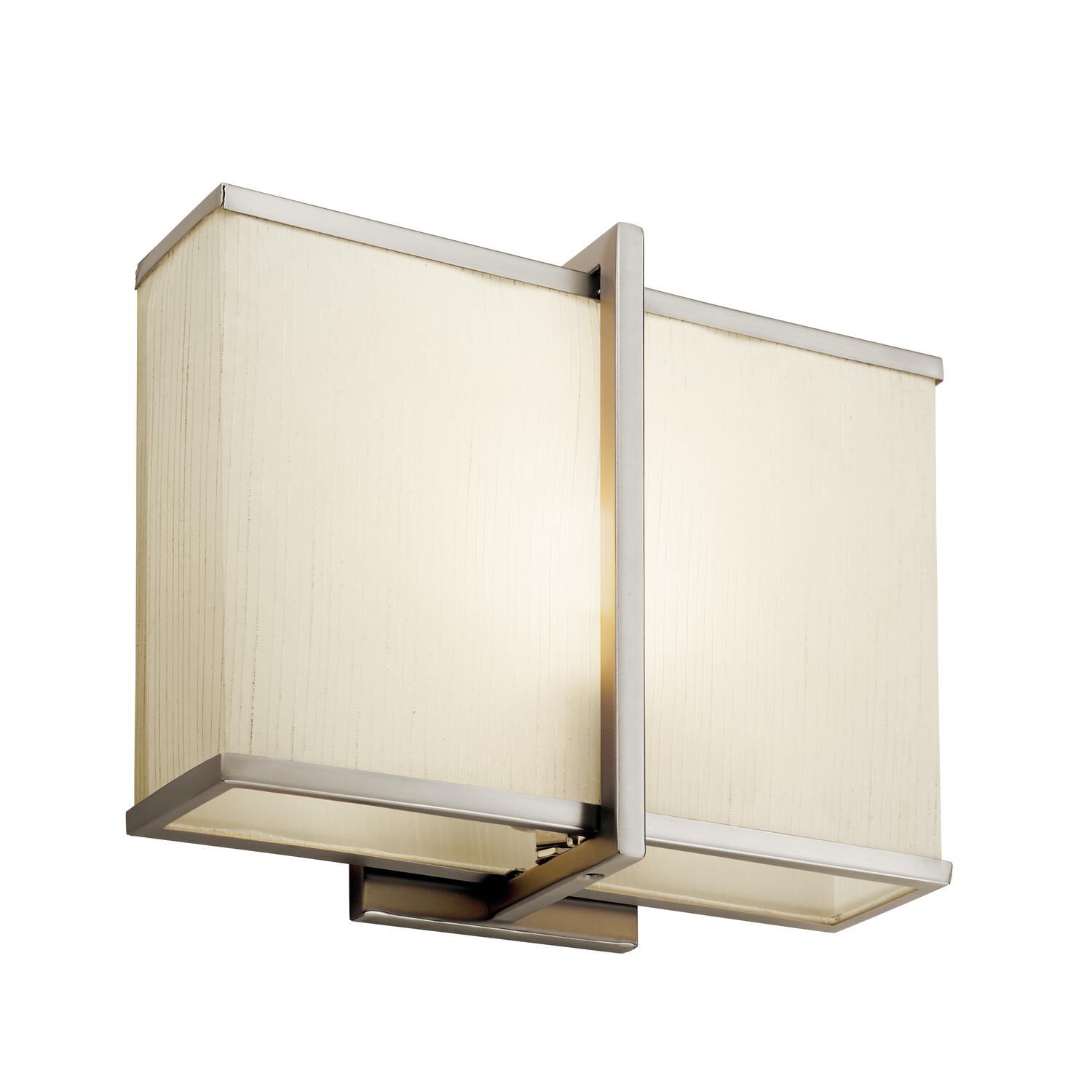 Shown in Satin Nickel finish and White Acrylic glass and Natural Linen shade