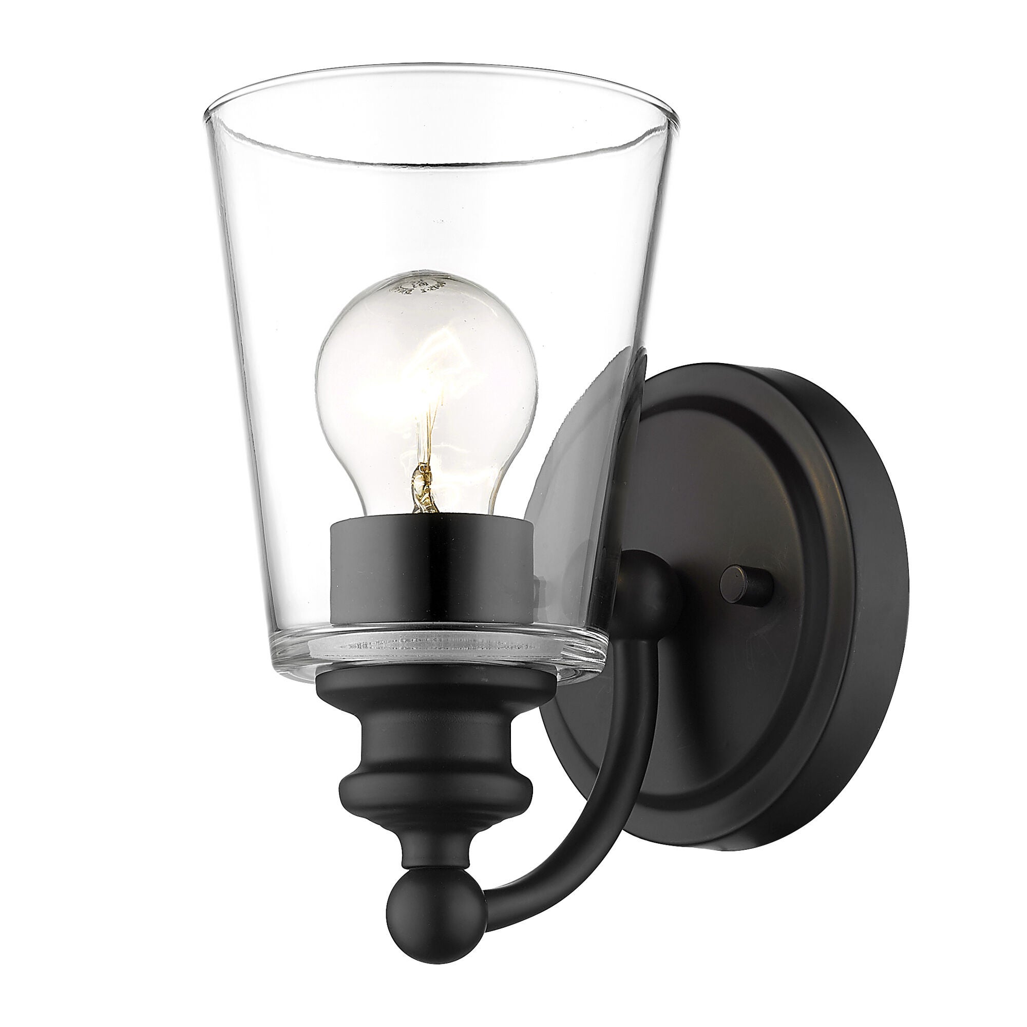 Shown in Matte Black finish and Clear glass and Clear, Cone Shaped Glass shade