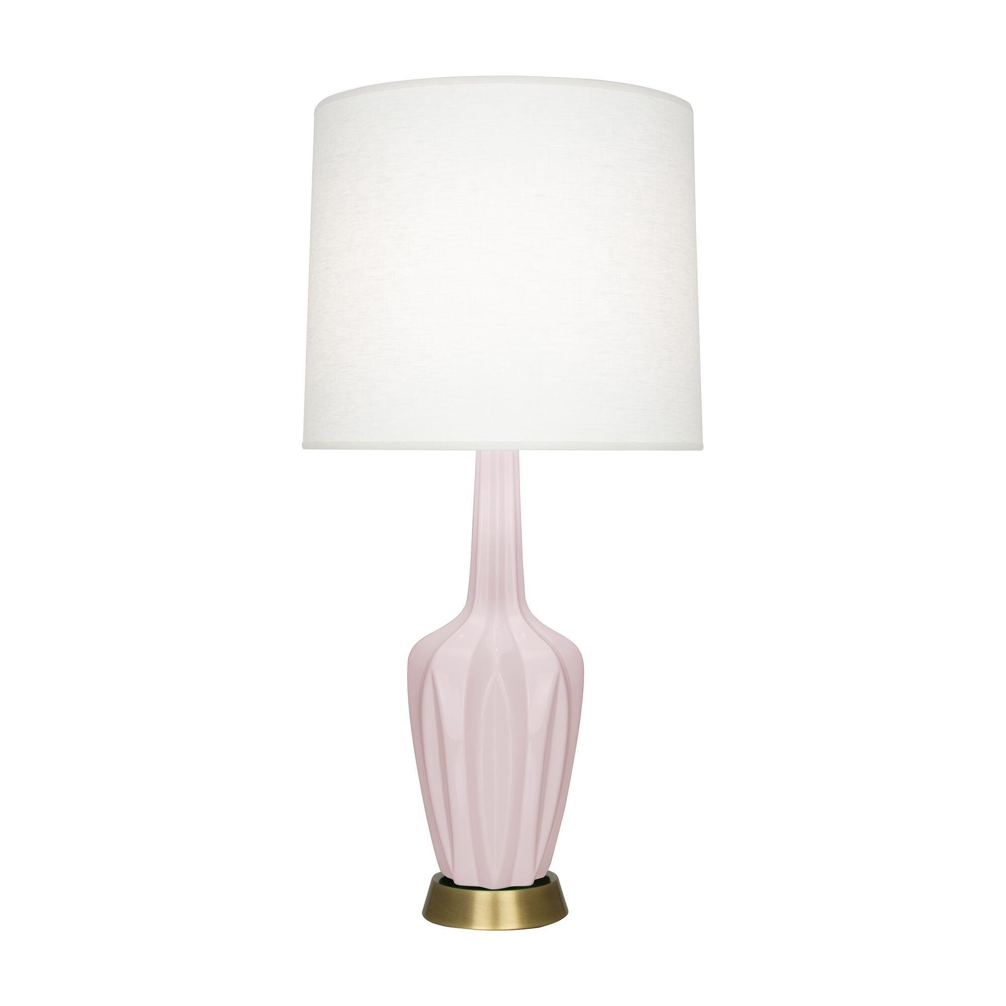 Shown in Rose Water Glazed finish and Oyster Linen shade and Warm Brass accent