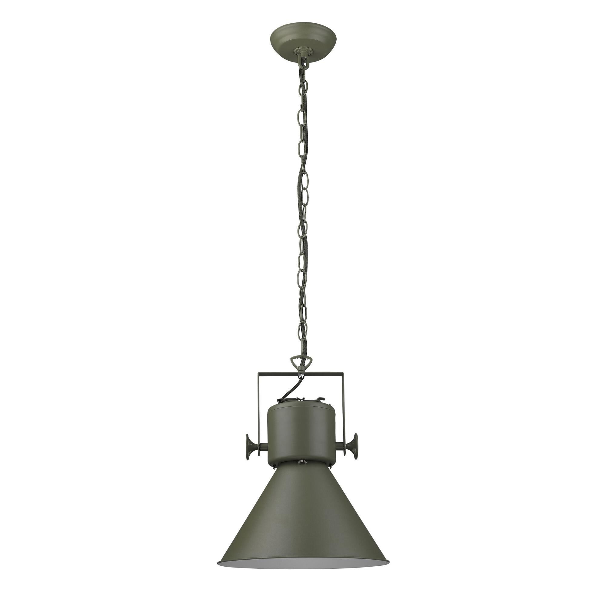 Shown in Green finish and Green glass and Green Metal Cone Shaped  W/ White Interior shade